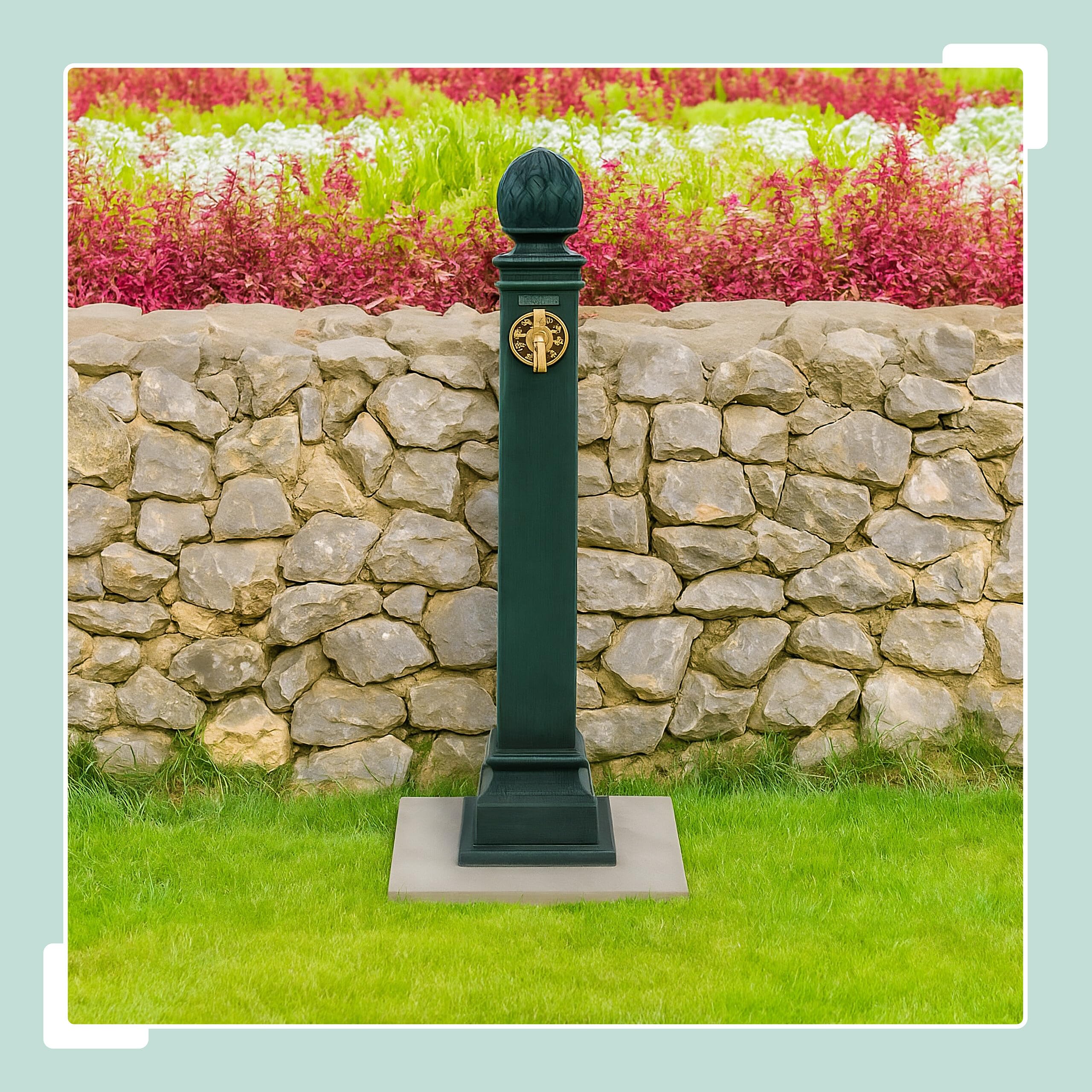 Relaxdays Fontana da Giardino in Stile Antico, Fontanella a Colonna con Rubinetto Acqua da Esterno, 80x18,5x22 cm, Verde