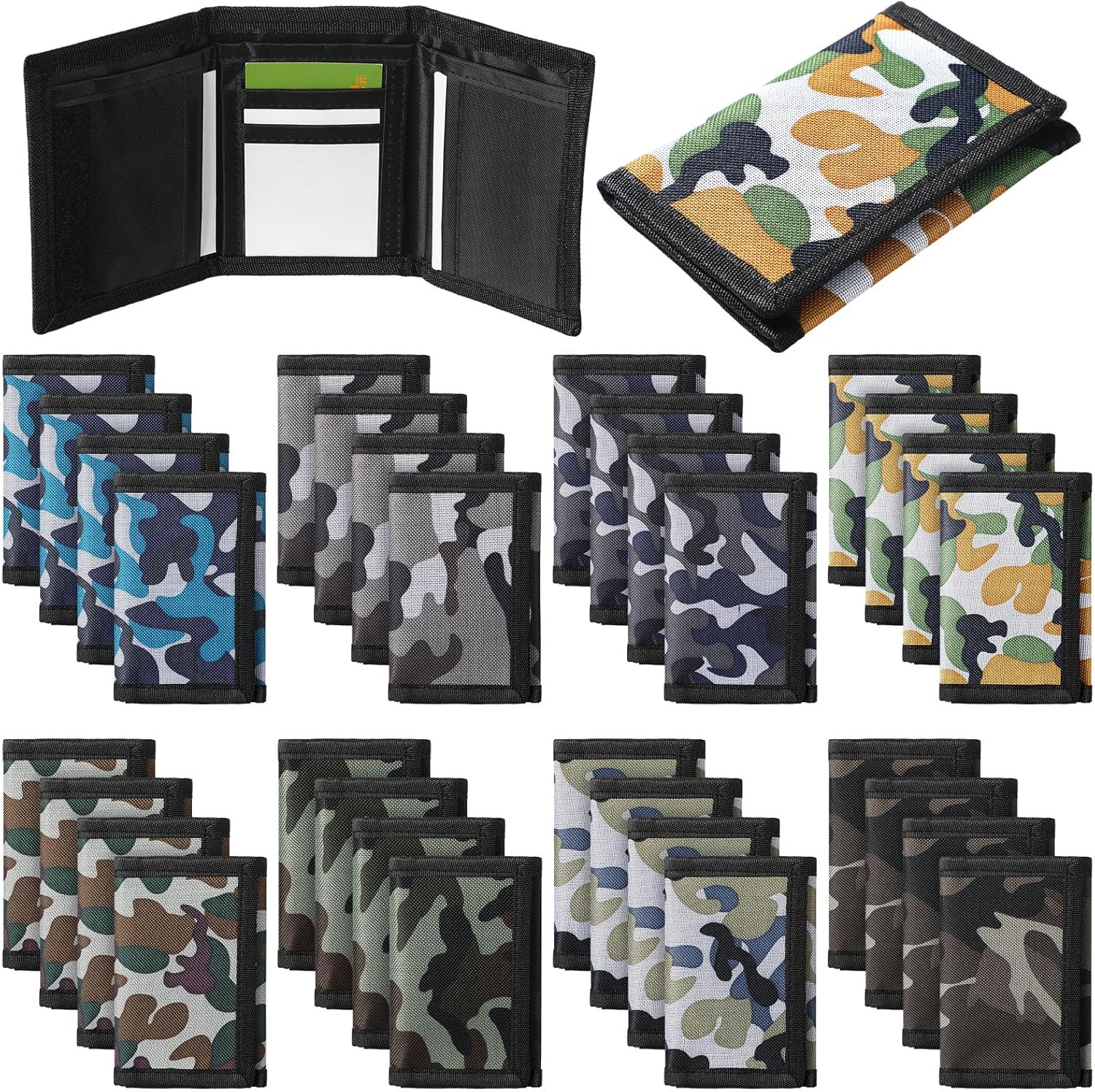 Aliceset 36 Pcs Kid Wallets Bulk Trifold Nylon Wallets for Men with Sticker Kids Canvas Purse for Boys Girls Children Bulk Gifts for Sports Birthday Gift (Camouflage)