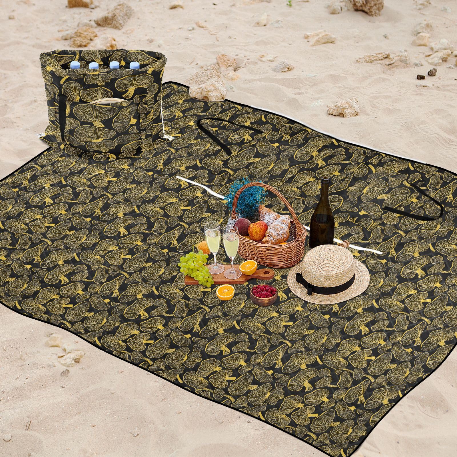 Lake Day Essentials Coperta da picnic impermeabile pieghevole per donne anni '30 coppie regalo pianta fungo oro nero alfombra para Playa