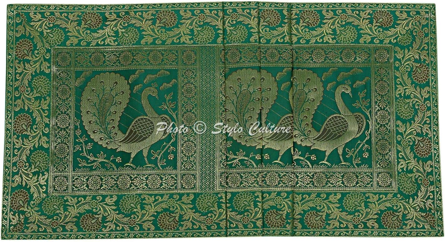 Stylo Culture Indian Coffee Table Runner Dark Green Gold Peacock Floral Brocade Jacquard Rectangle Home Decor Ethnic Extra Long Tablecloth - Image 5