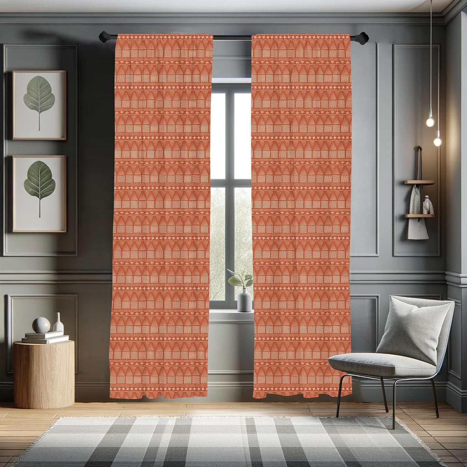 Lunarable Prehistoric Art Window Curtains, Rhythmic Inspiration Lines of Terra Cotta Motifs Abstract Theme, Lightweight Decor 2-Panel Set with Rod Pocket, Pair of - 28" x 84", Burnt Orange Champagne