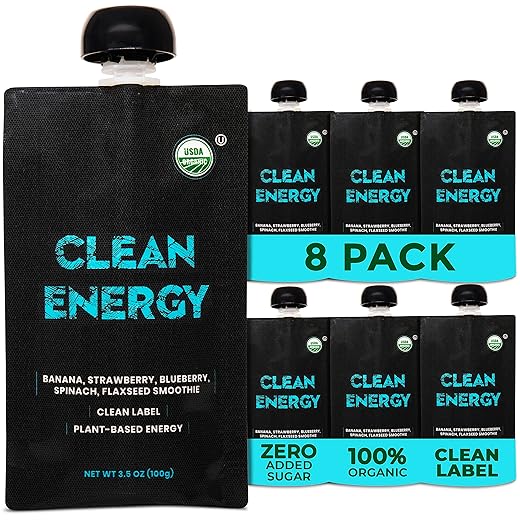 Clean Label Organic Fruit Smoothie Sports Pouches - Healthy Nutrition Drinks, Gluten Free, Caffeine Free, Vegan, Kosher, Convenient Snacks - Banana, Strawberry, & Blueberry Smoothie – 8 Pouch Pack