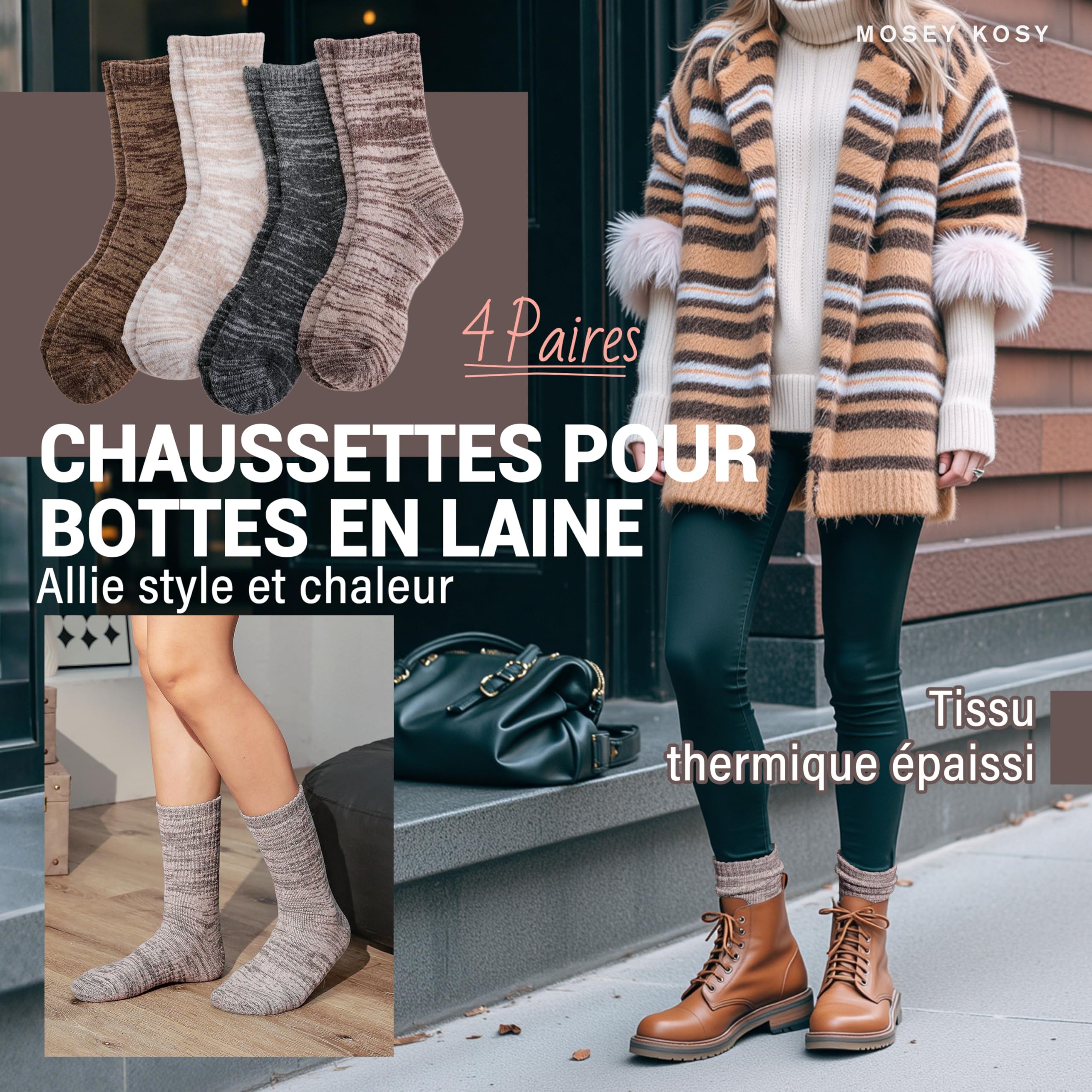 MOSEY KOSY 4 Paires de Chaussettes en Mérinos pour Marche et Randonnée Chaudes Extra Épaisses Thermiques Confortables avec Caleçon pour Travail pour Femme et Homme