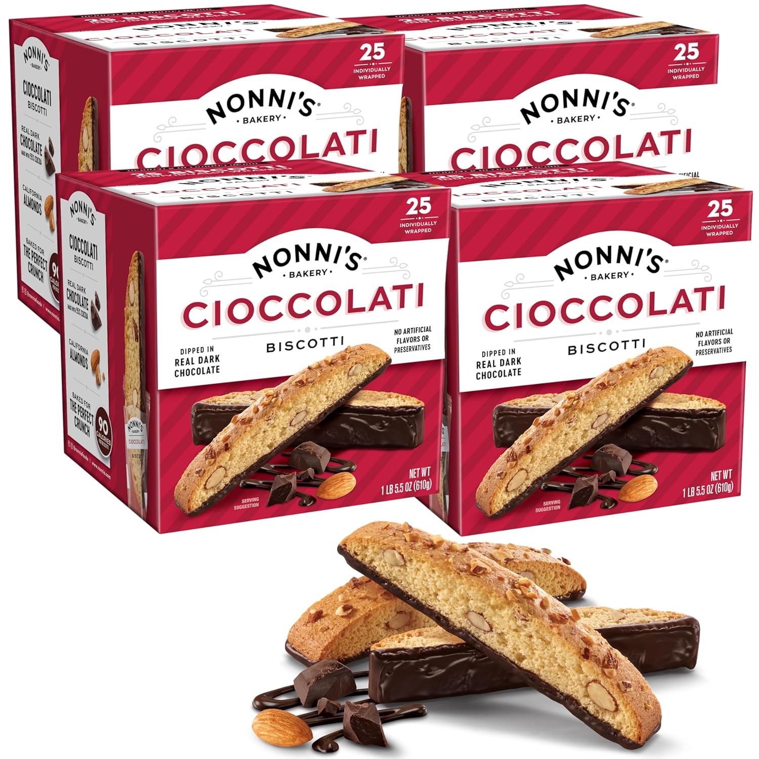 Nonni's Cioccolati Dark Chocolate Almond Biscotti Cookies – Individually Wrapped Italian Coffee Snack, Crunchy Twice-Baked, 90 Cal Each, 21.5 oz Carton, 4 Pack