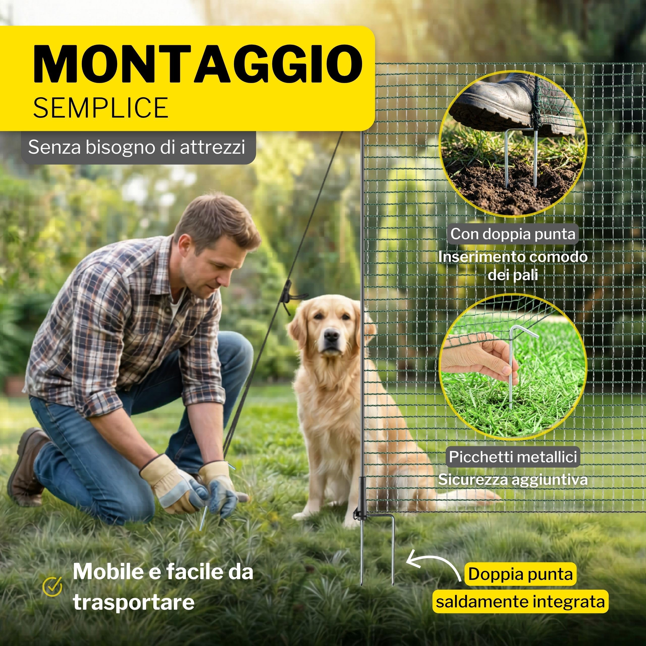 Recinzione per cani Horizont FIX, 15 m x 90 cm, 9 pali doppio chiodo, rete chiusa, recinzione mobile per giardino, pascoli, polli e campeggio