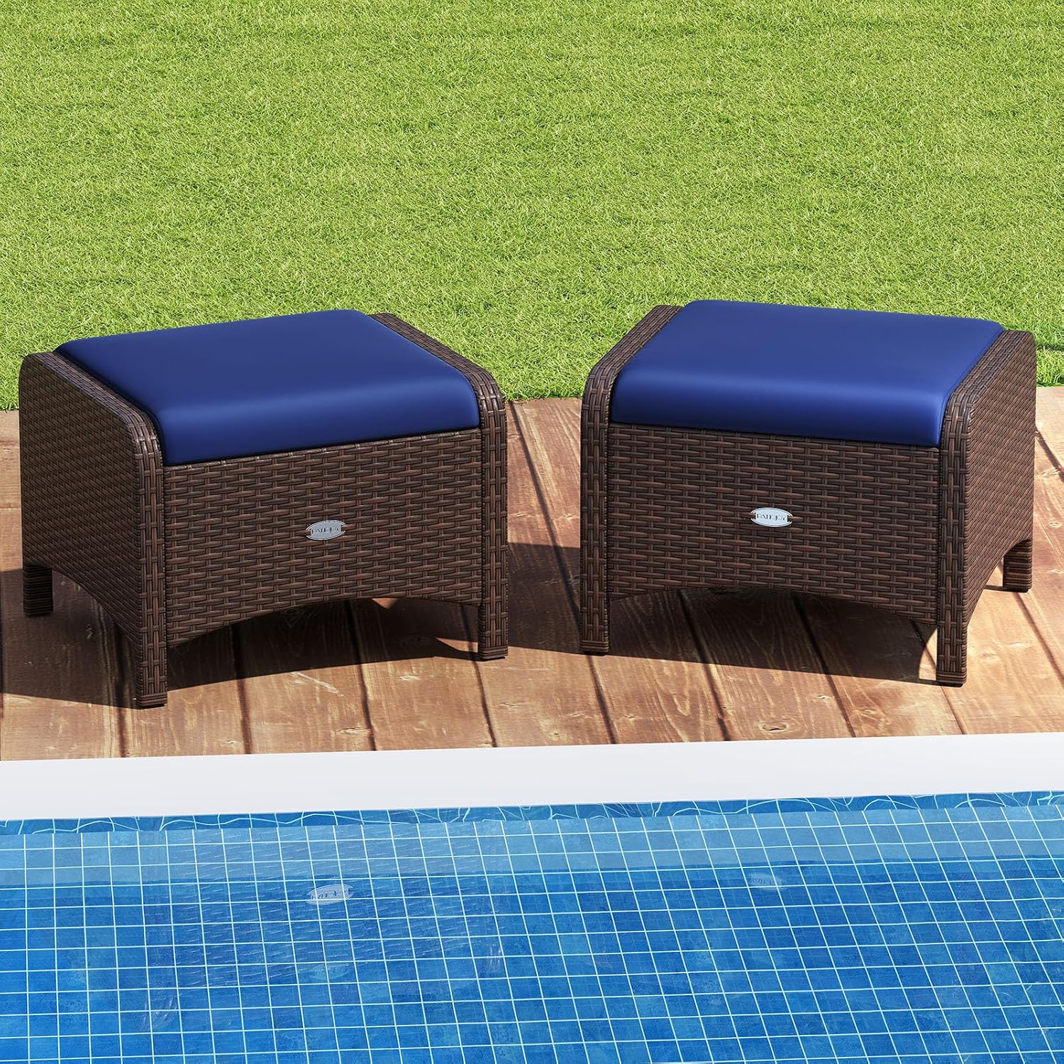 HAPPYGRILL 2 Pieces Patio Wicker Ottomans Set with Removable Cushions, Multifunctional Outdoor Rattan Footstools Footrest Side Table for Porch, Garden and Backyard (Navy)