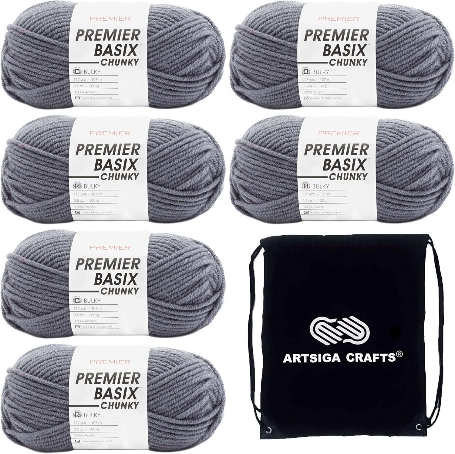 Premier Yarns Basix Chunky Slate 1145-39 (6-Skeins - Same Dye Lot) Chunky Bulky #5 Acrylic Yarn for Crocheting and Knitting with Project Bag