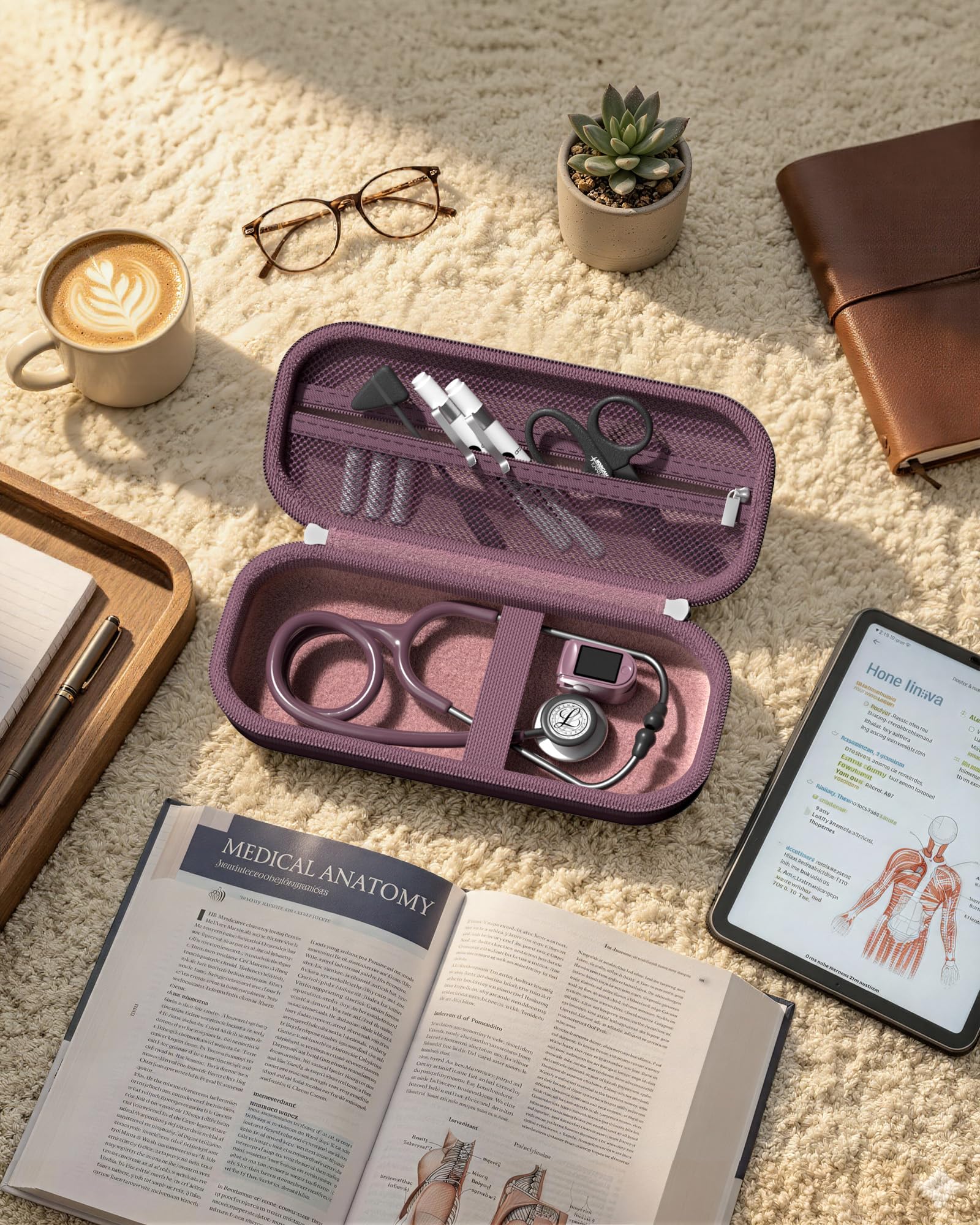 ProCase 聴診器ケース 耐衝撃 ハードEVA 収納ポーチ Littmann Cardiology対応 メッシュポケット付き - プラム | Classic III Lightweight III IV MDF Acoustica等対応, ベルベット裏地, 弾性固定バンド, 軽量コンパクト, 持ち手付き, 医療従事者への贈り物に