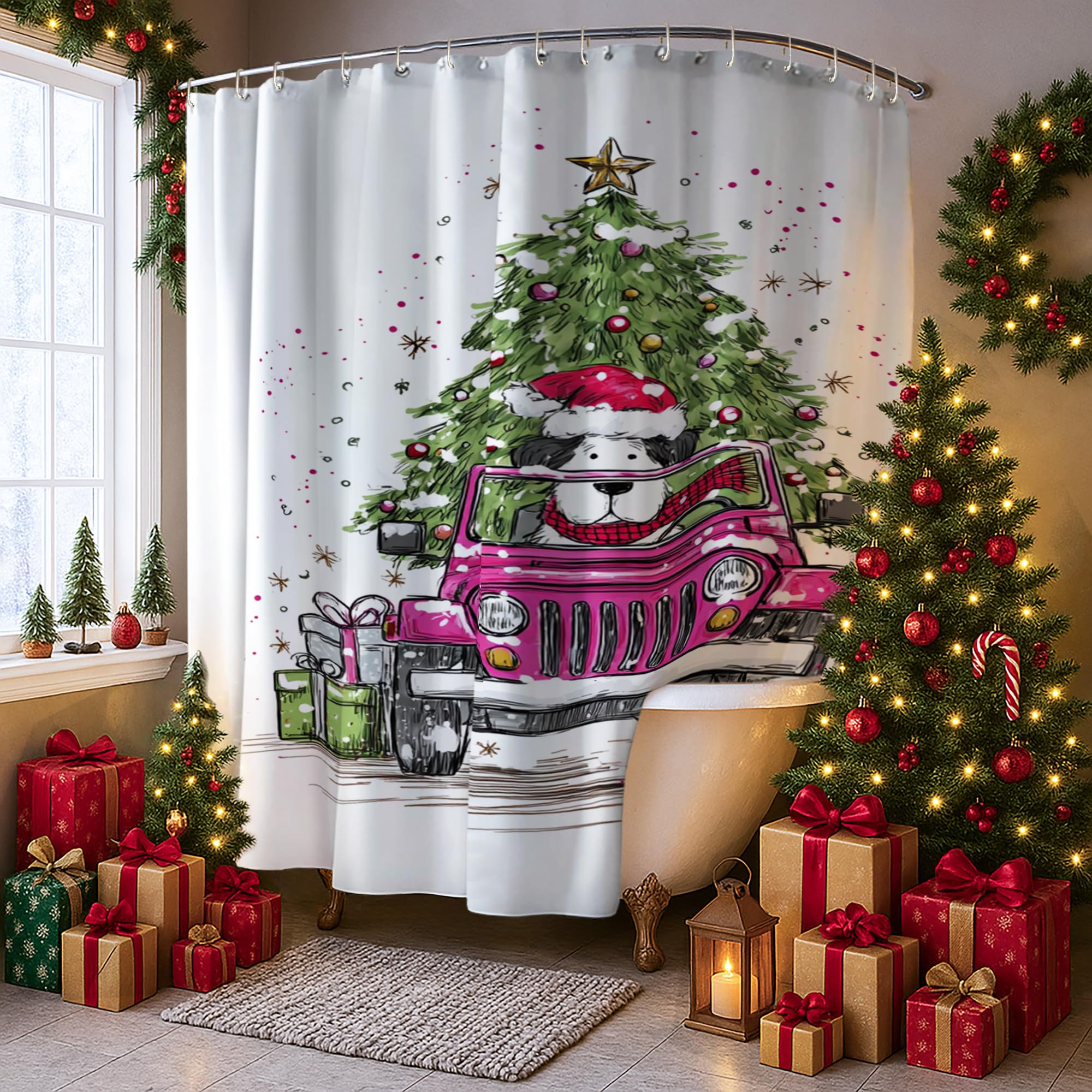 Rideau de douche extra large anti-inondation en tissu imperméable pour salle de bain festive