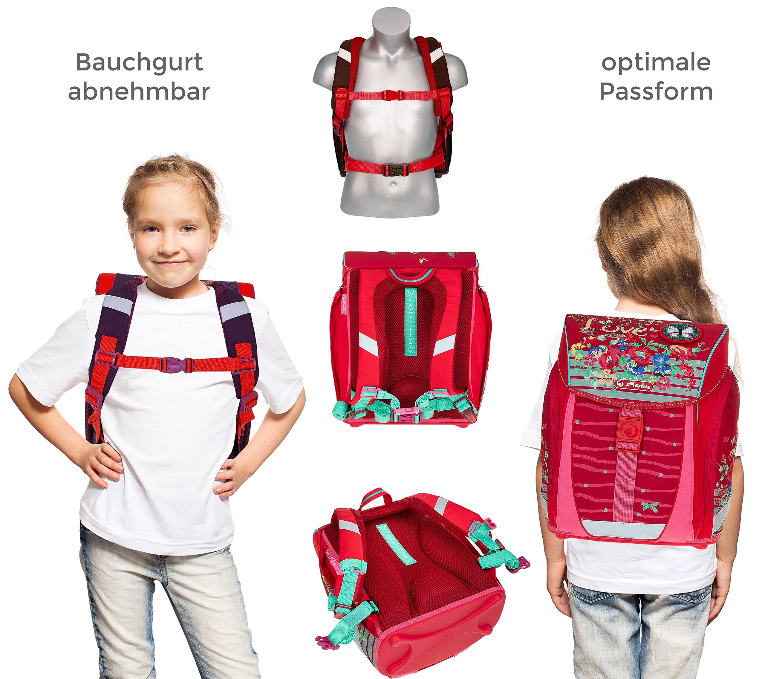 Herlitz Ranzen Schultasche für Jungen Mädchen FiloLigh Plus 8 Teile Set Grundschule Schulranzen Tornister leicht Bauchgurt Brustgurt Regenhülle Wahl +rf (Vintage Love 865)