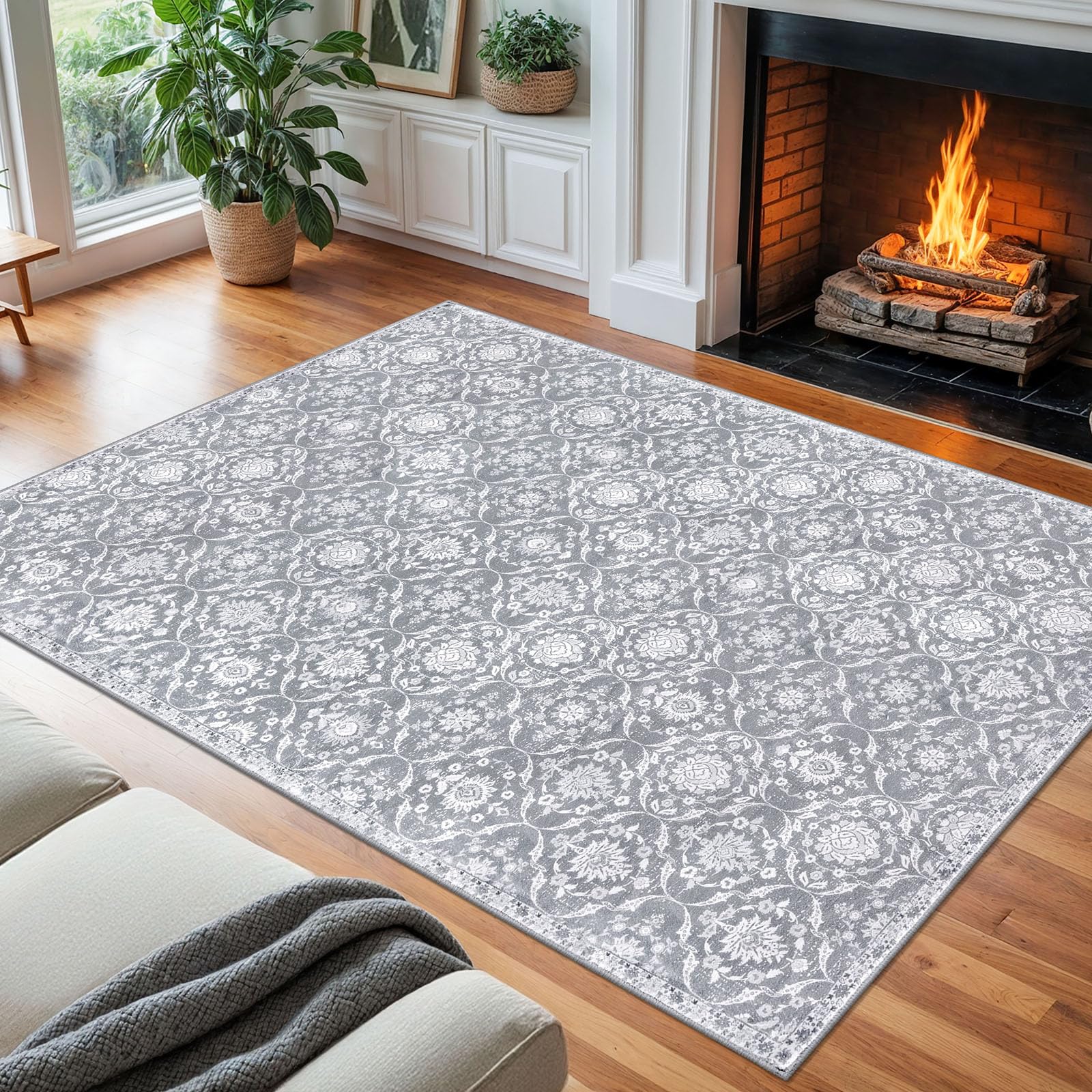 KILOCOCO 8x10 Area Rug, Moroccan Super Soft Washable Living Room Vintage Floral Rug, Non-Slip Large Print Faux Wool Throw Indoor Rug for Playroom