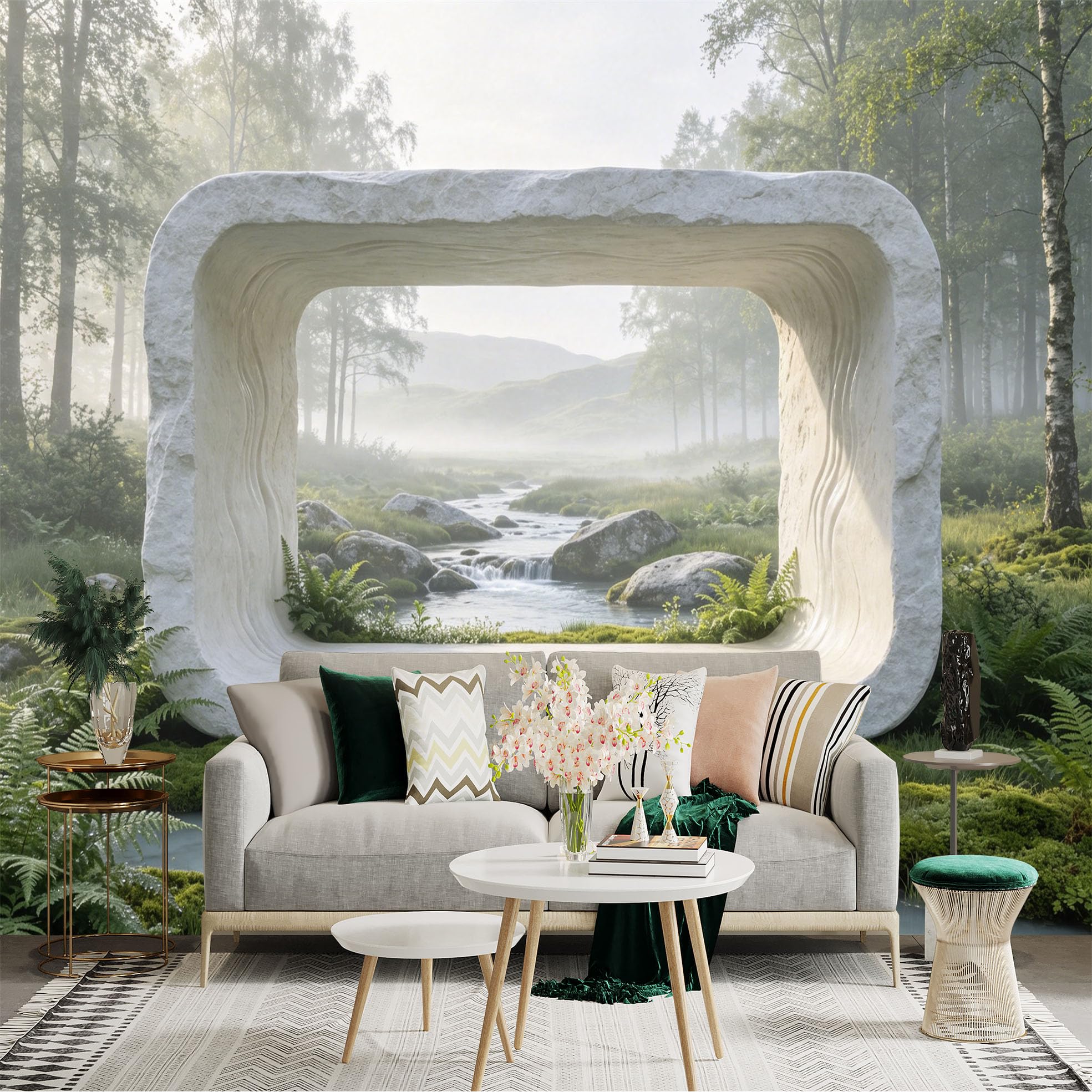 Custom Size Wall Sticker Mural， Stone Arch with Stream， Forest Landscape and Misty Morning， for wall Decoration， peelandstick wall Decals.