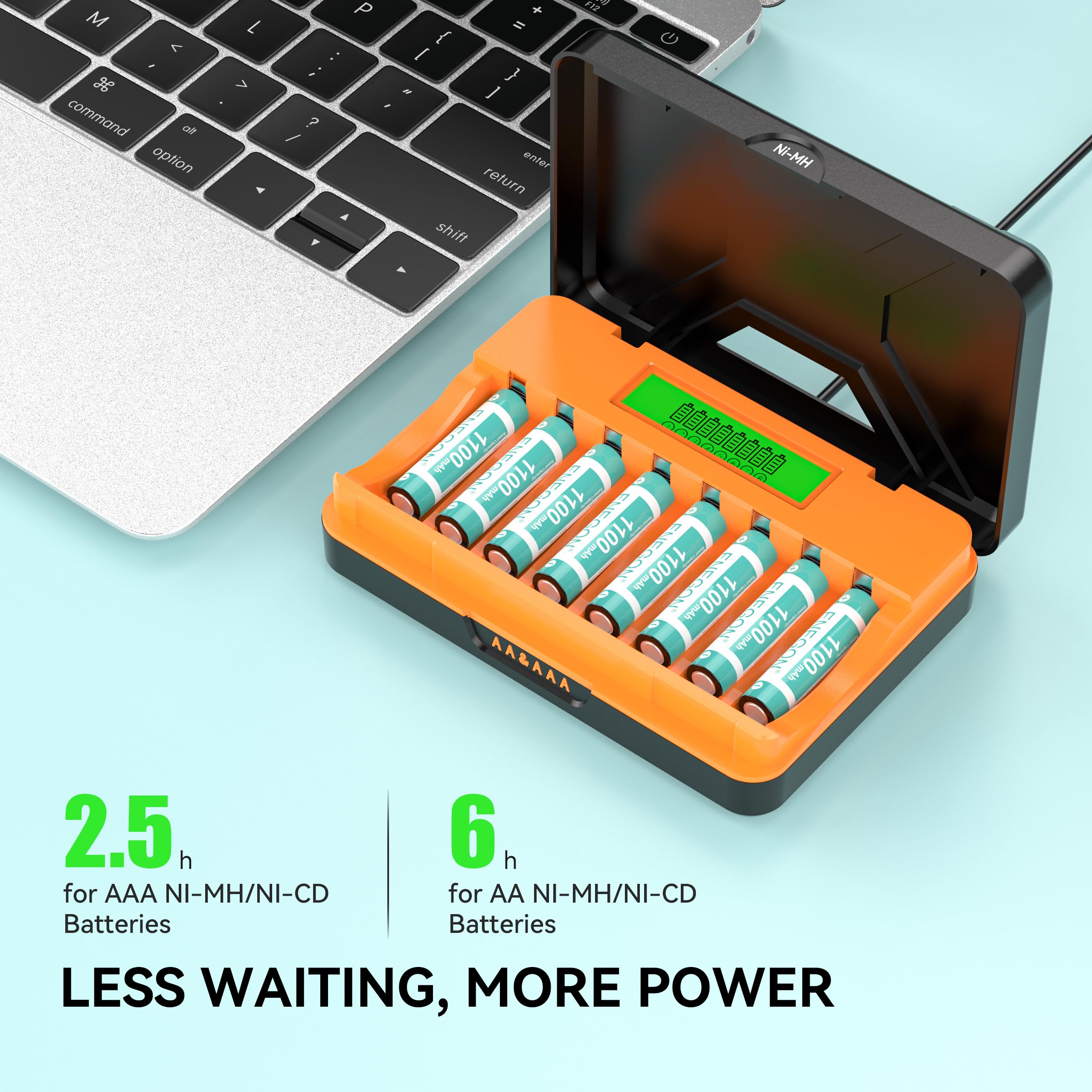 ENEGON Cargador Rápido 8 Ranuras para Pilas AA/AAA con Pantalla LCD + 8 Pilas AAA Ni-MH (1100mAh), Estación USB-C de Carga y Almacenaje – para Mandos a Distancia, Termómetros y Electrónica