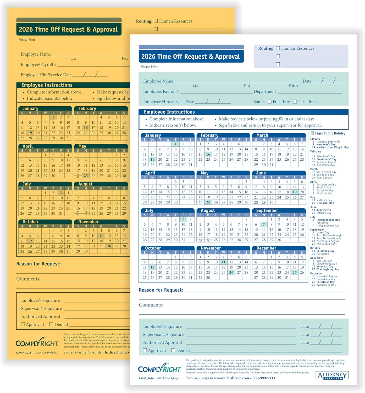 ComplyRight 2026 Time Off Request and Approval Form, Small (5 1/2" x 8 1/2"), 2-Part, Pack of 50