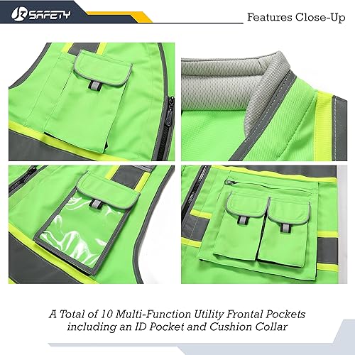 Miniatura 8 de JKSafety Chaleco de seguridad de malla con cremallera frontal de color neón de alta visibilidad de 10 bolsillos para hombres y mujeres, utilidad de