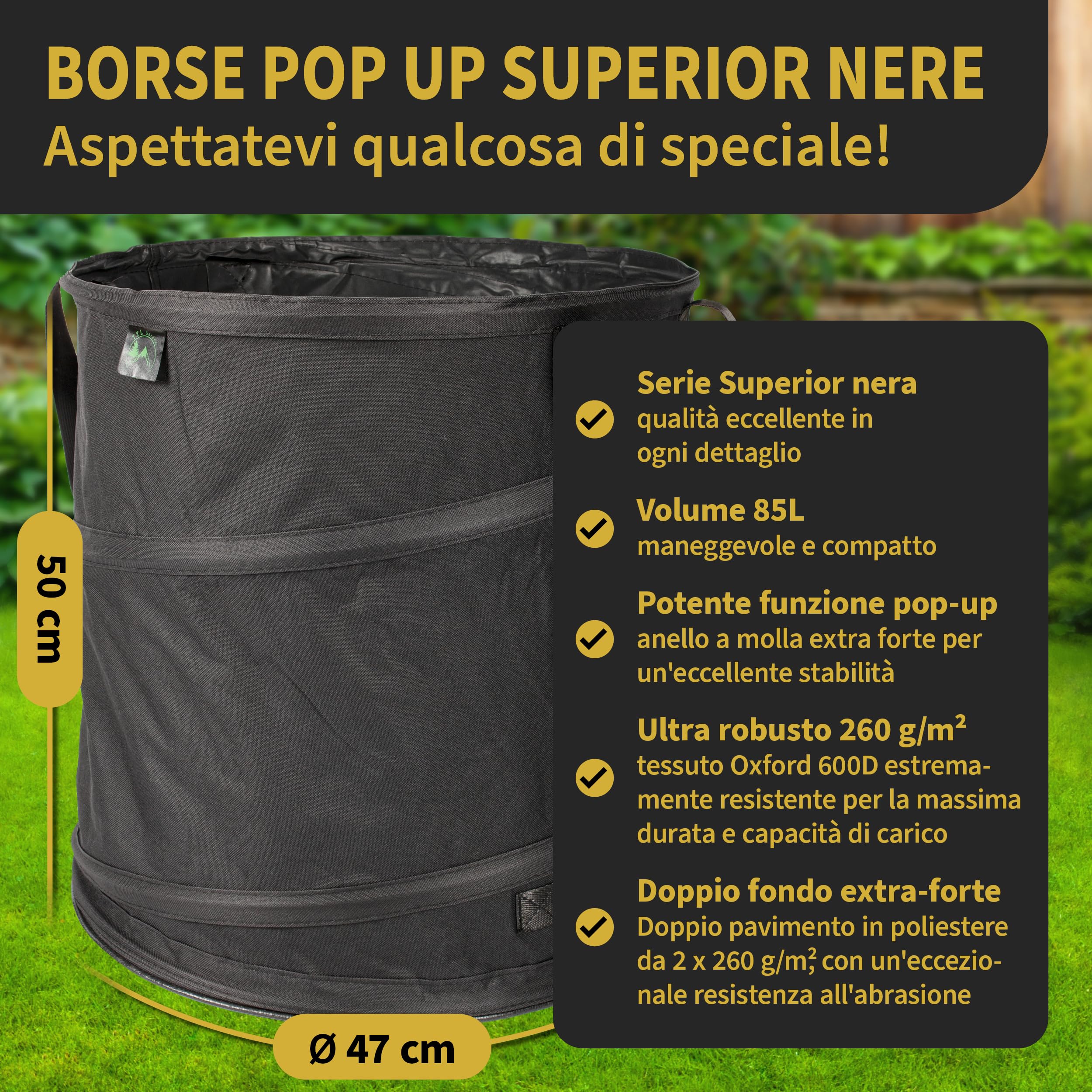 TTL Garden Black SUPERIOR 3 X 85L Pop Up Sacco da giardino – Doppio fondo 260 gsm extra stabile 600D Oxford 600D Set di 3 sacchi per rifiuti da giardino pieghevole taglio verde