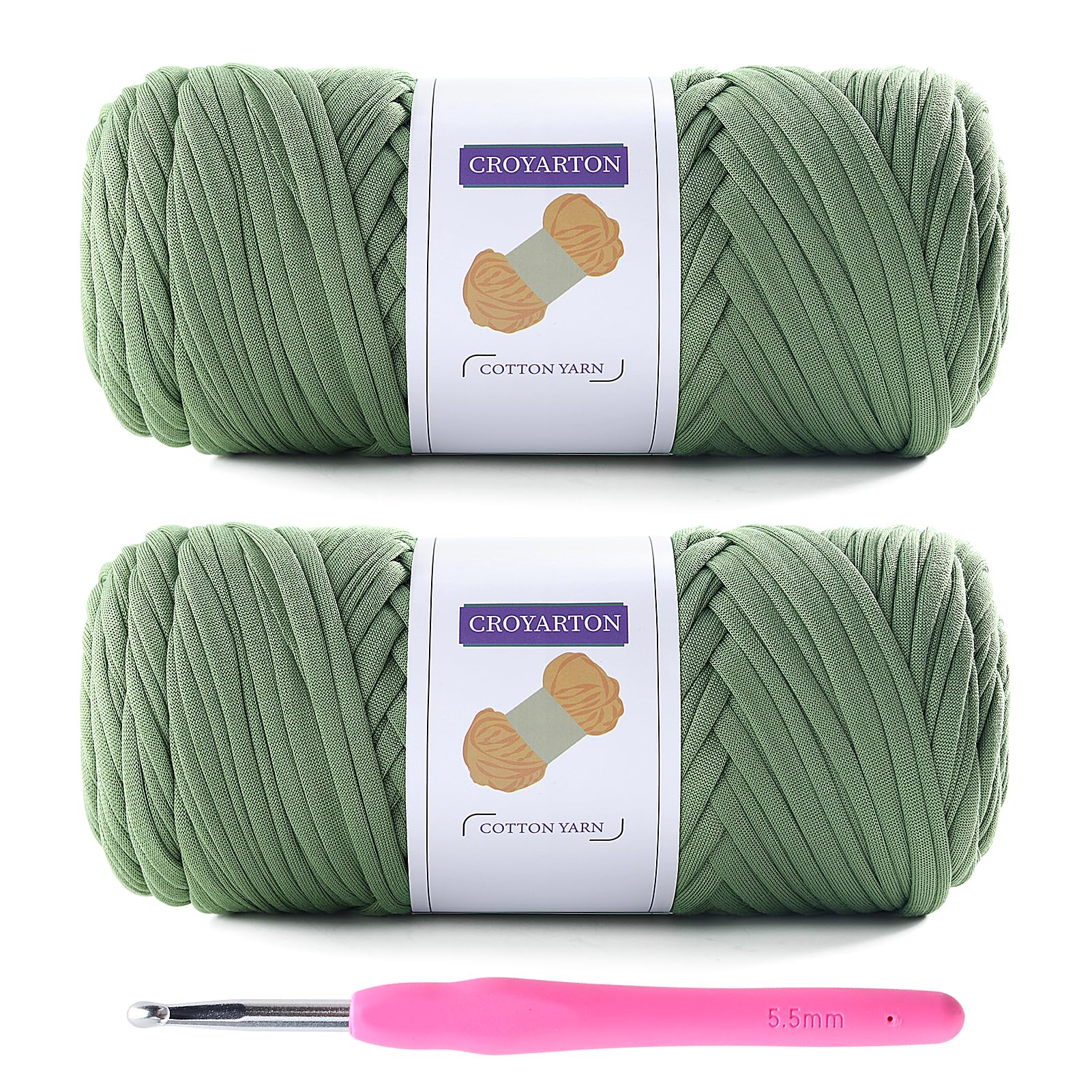 2 Pack T Shirt Yarn for Crocheting with 1 Crochet Hook, Elastic Tshirt Yarn for Crochet Bag/Baskets/Home Decor, Spaghetti Yarn Thick Knitting Yarn Total Length 130 Yds, Weight 14 Oz (Avocado Green)
