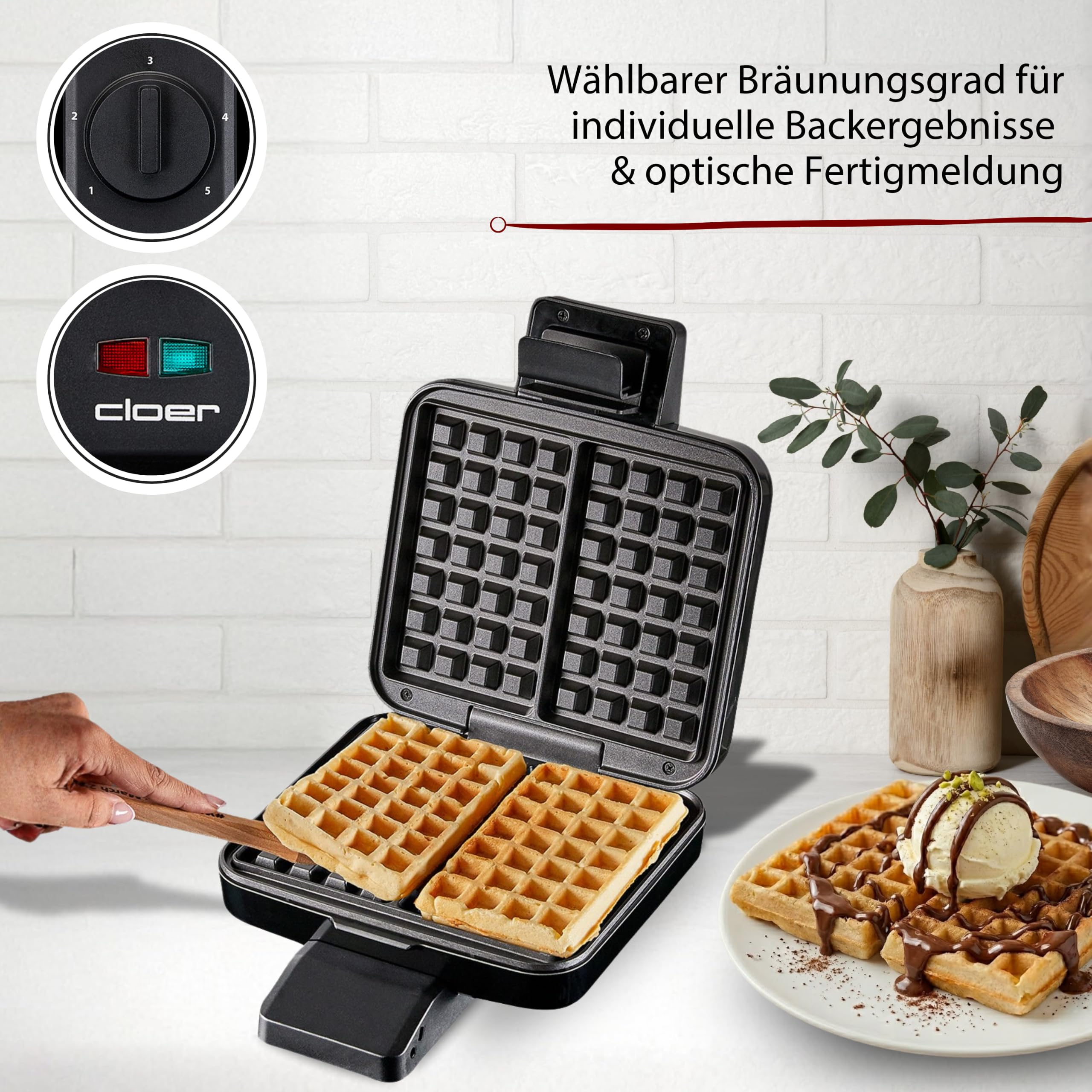 Cloer 1420 Brüsseler Waffeleisen für 2 Belgische Waffeln 9 x 15,5 cm, Duo-Waffeleisen mit Antihaftbeschichtung PFAS-frei, stufenlosem Bräunungsgrad und Backampel, schwarzes Kunststoffgehäuse, 1000 W