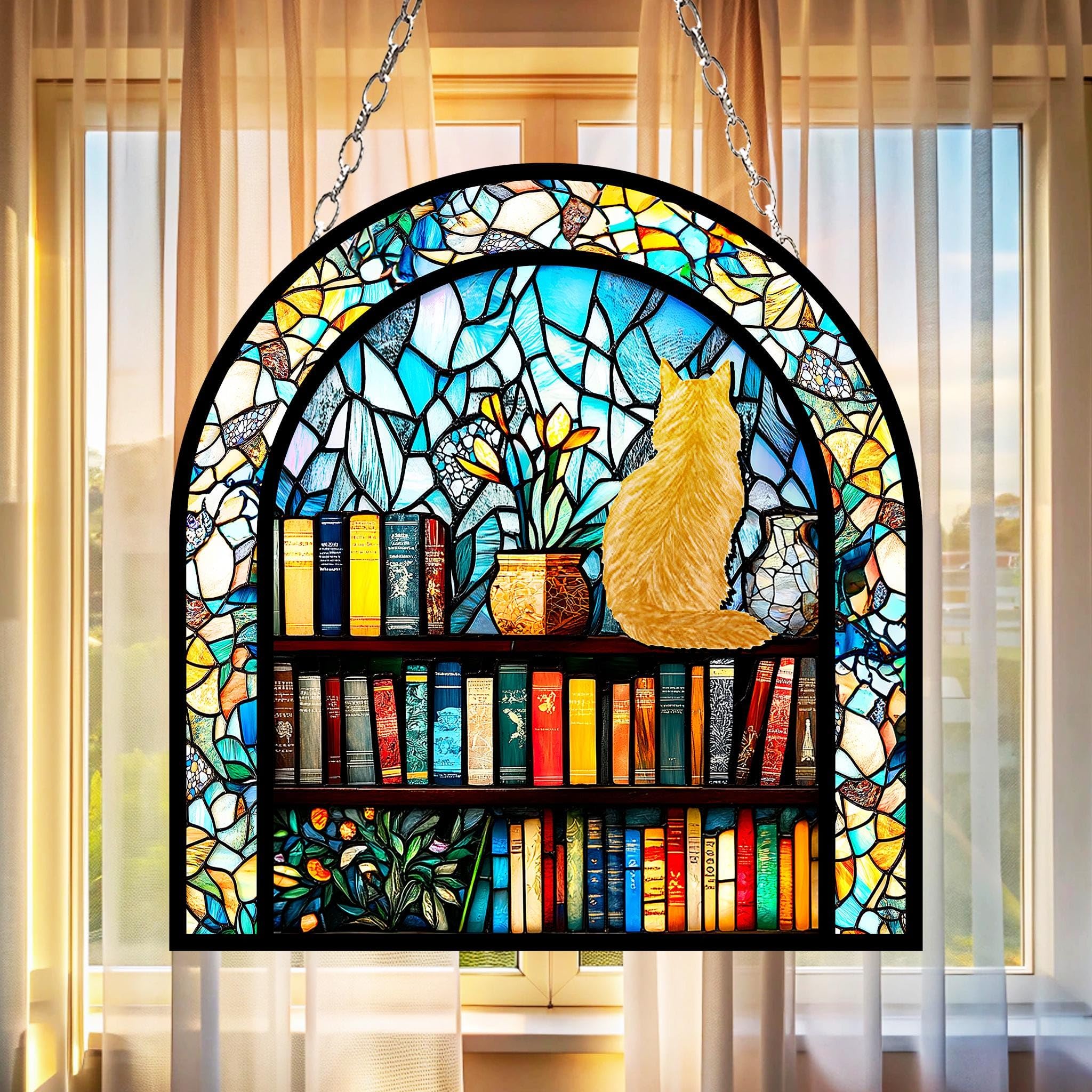 OTAKU KRAFT Personalized Cat with Book Acrylic Suncatcher Custom Reading Window Hanging Breeds Gift for Mom Lover Sun Catchers Indoor Windown Suncatchers Windows Garden Decor Outdoor