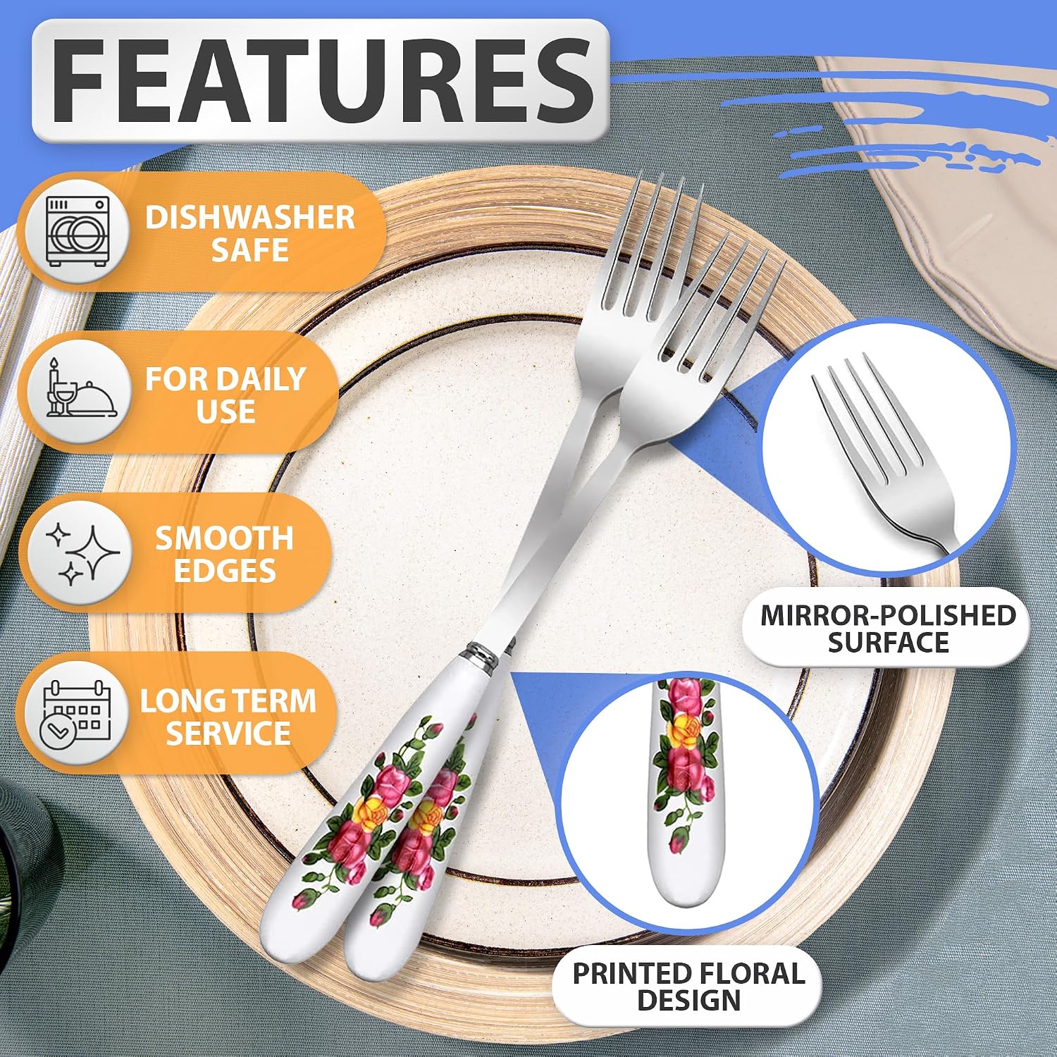 Decorative Forks, 8.3 Inch, 6-Piece Ceramic Handle Set, Floral Design