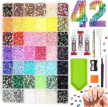 Bedazzling Kit 42000Pcs 42 Colors Resin Jelly Rhinestones 3mm Flatback Gems Bedazzler Kit with B7000 Jewelry Glue and Tools for Diamond Art Crafts Nail Art Supplies