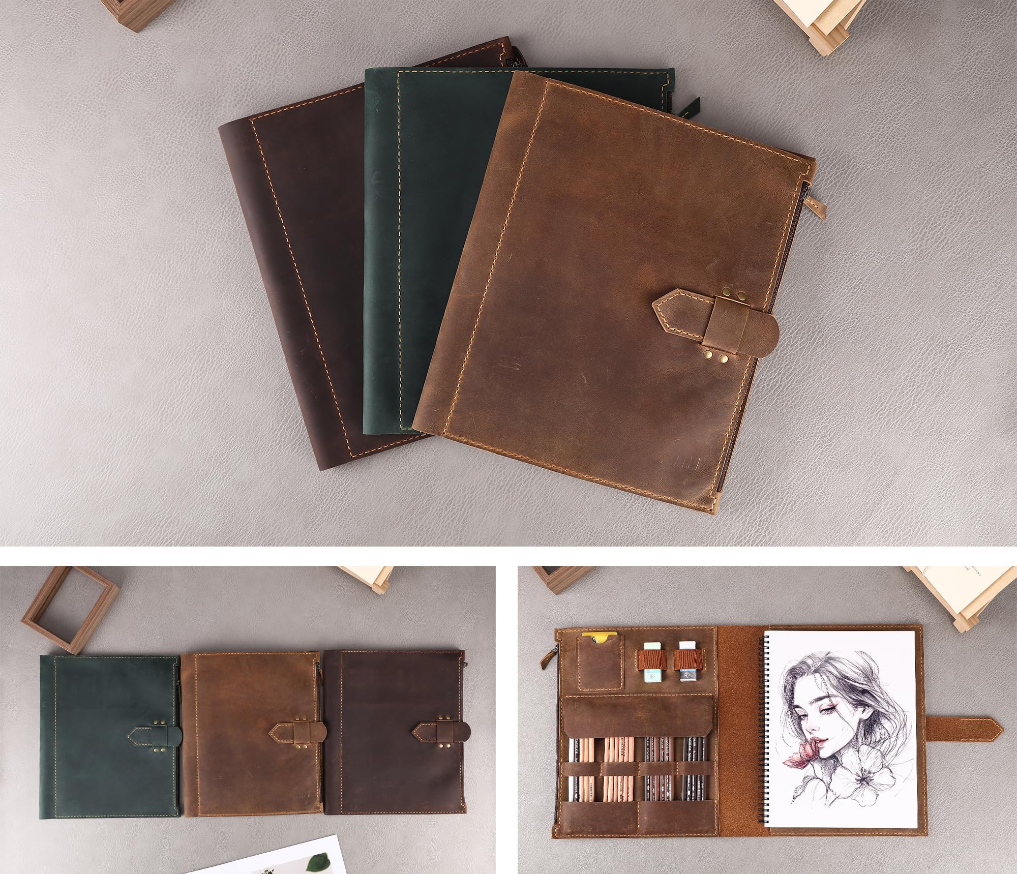 Fasjosma Housse de carnet de croquis en cuir pour carnet de croquis A4/22,9 x 30,5 cm – Fait à la main en cuir véritable avec porte-crayon et poche zippée, fournitures de dessin professionnel (marron