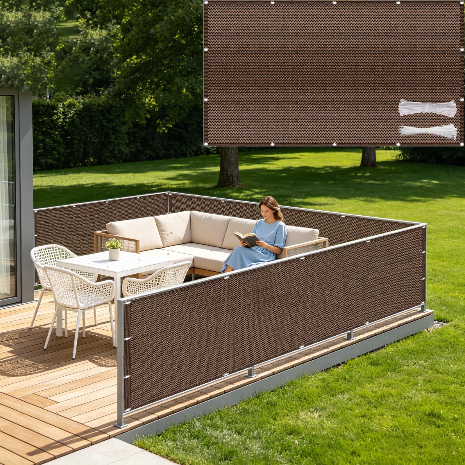 Brise-Vue 100 x 260 cm en HDPE Marron avec Attaches de Câble pour Clôture de Patio
