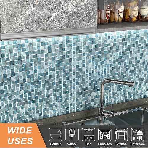 Miniatura 3 de VAOVI Azulejos adhesivos de metal para salpicaduras de cocina, despegar y pegar, azulejos de pared de baño (10 unidades, azul)