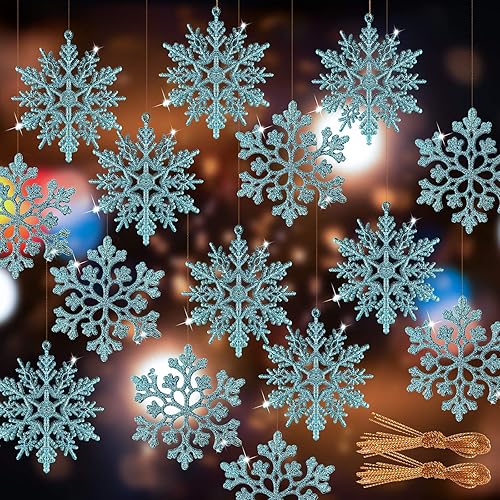 Miniatura 10 de RECUTMS 72 flores de Pascua con copos de nieve y cinta, 9 diseños de flores artificiales doradas con purpurina para árbol de Navidad y decoración de