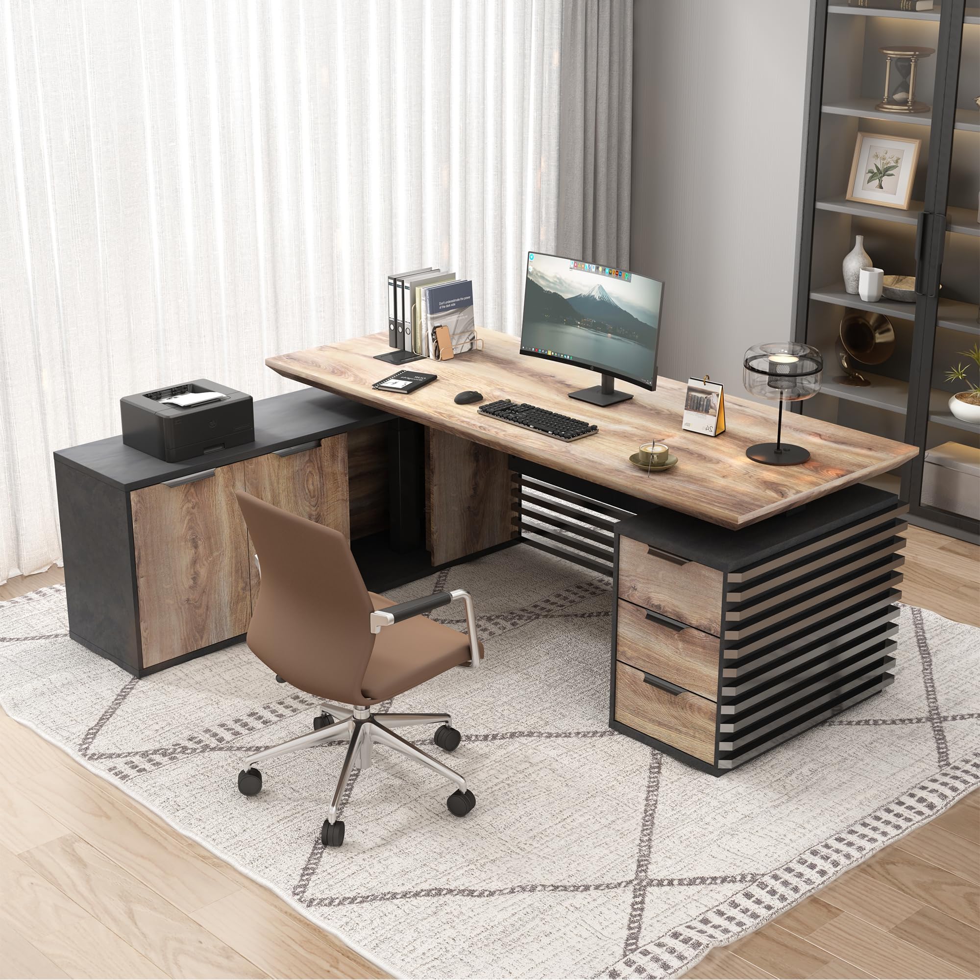 SAINTCY 70 87In L Shaped Executive Standing Desk with Drawers Large Modern Adjustable Heigh Home Office Desk w
