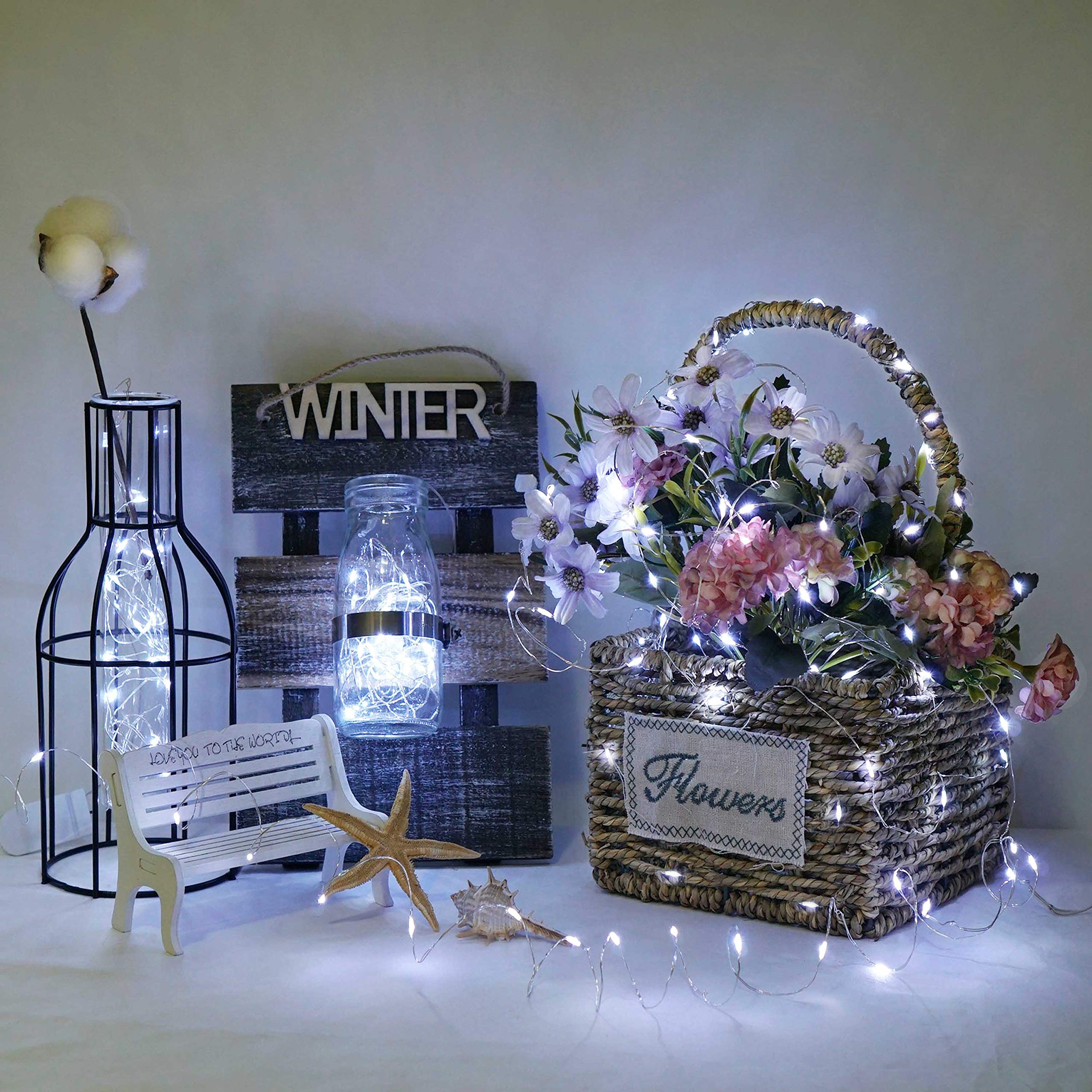 Paquete de 36 luces de hadas que funcionan con pilas, 20 luces LED de 6.6 pies/2 m, impermeables, mini luces de luciérnaga de alambre plateado para tarro de masón, decoración de boda y Navidad