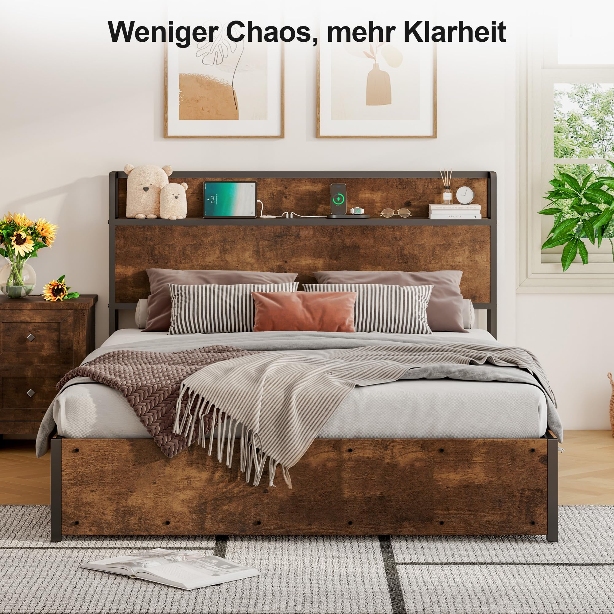LUXOAK Bett 160x200 mit Stauraum und Hebemechanismus, Plattformbett mit Kopfteil aus Holz, Staufächern und Ladestation, Ohne Matratze (Braun, 160x200cm)