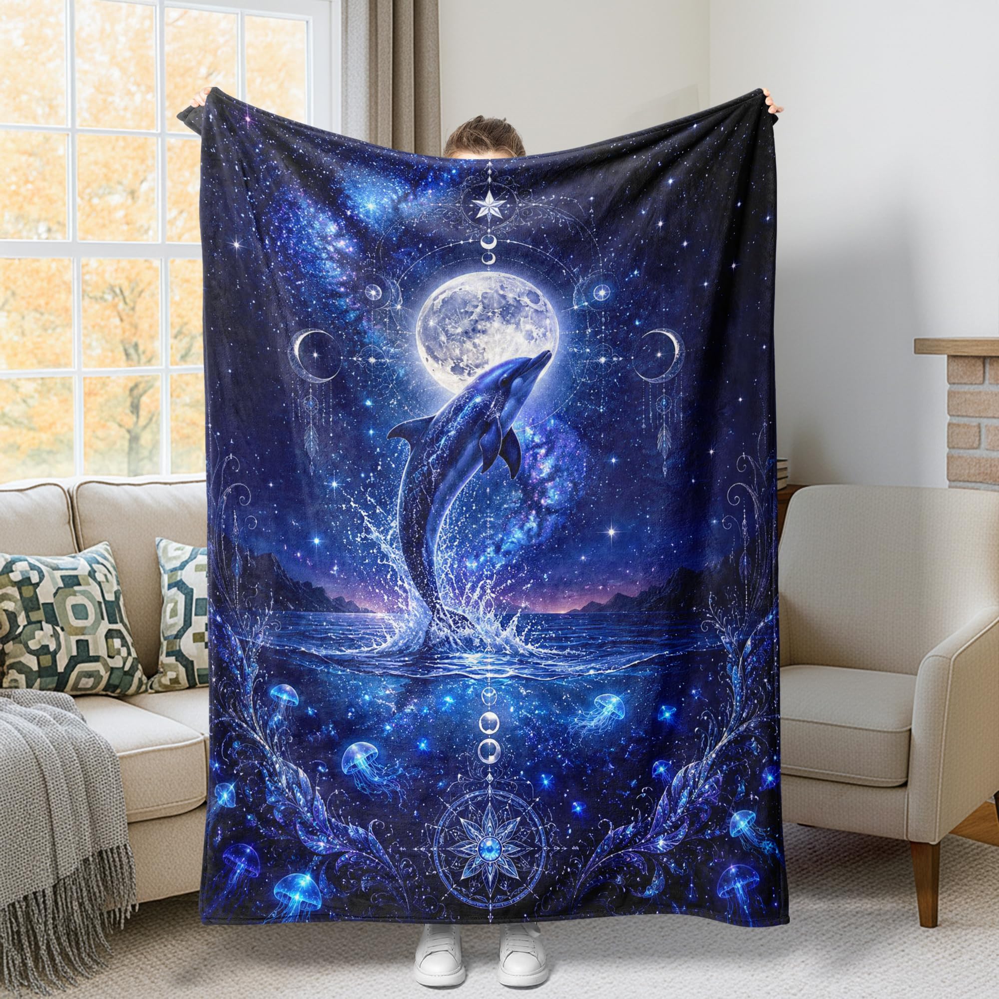 Couverture en fourrure motif dauphin et lune océanique plaid de luxe bleu