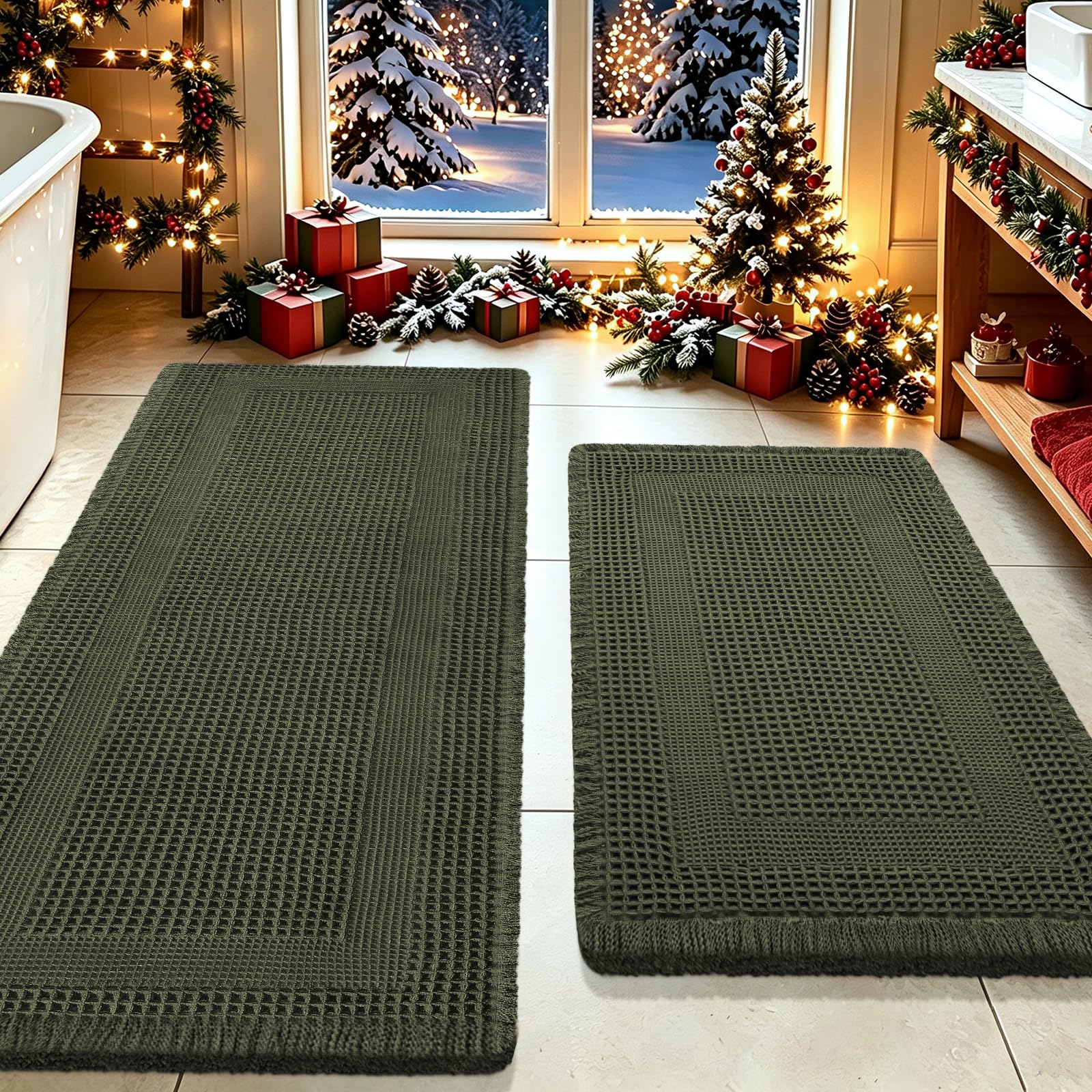 Waffle Bath Mat Set 2 Piece, Boho Woven Modern Bath Rug Absorbent Non Slip, Ultra Soft Bathroom Mats, Machine Washable Knit Bath Rugs with Tassels for Bathroom, Bedroom, Kitchen, Shower, Dark Green