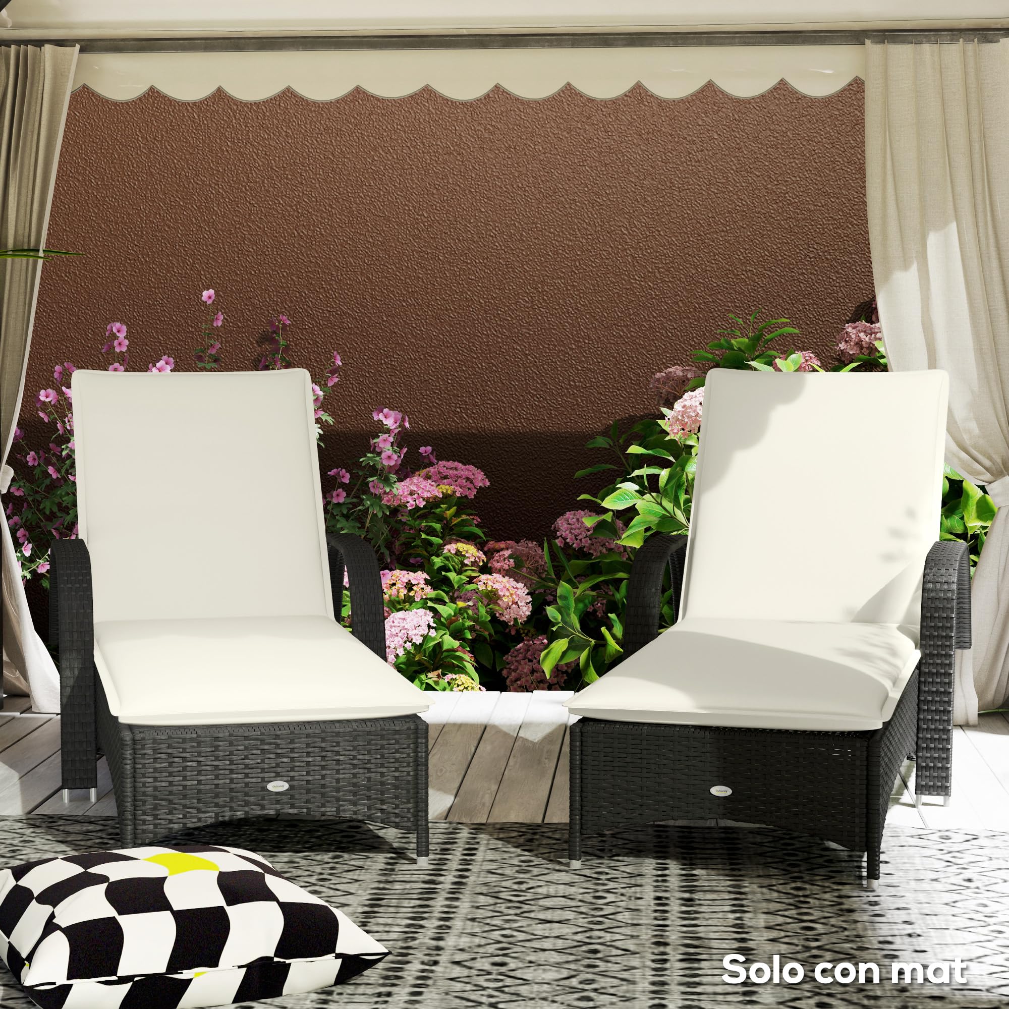 Outsunny Pack 2 Cojines para Tumbonas Plegables UV 193x58x6 cm Crema | Colchonetas para Tumbonas de Jardín Exterior, Con Correas de Sujeción, Resistente a Salpicaduras