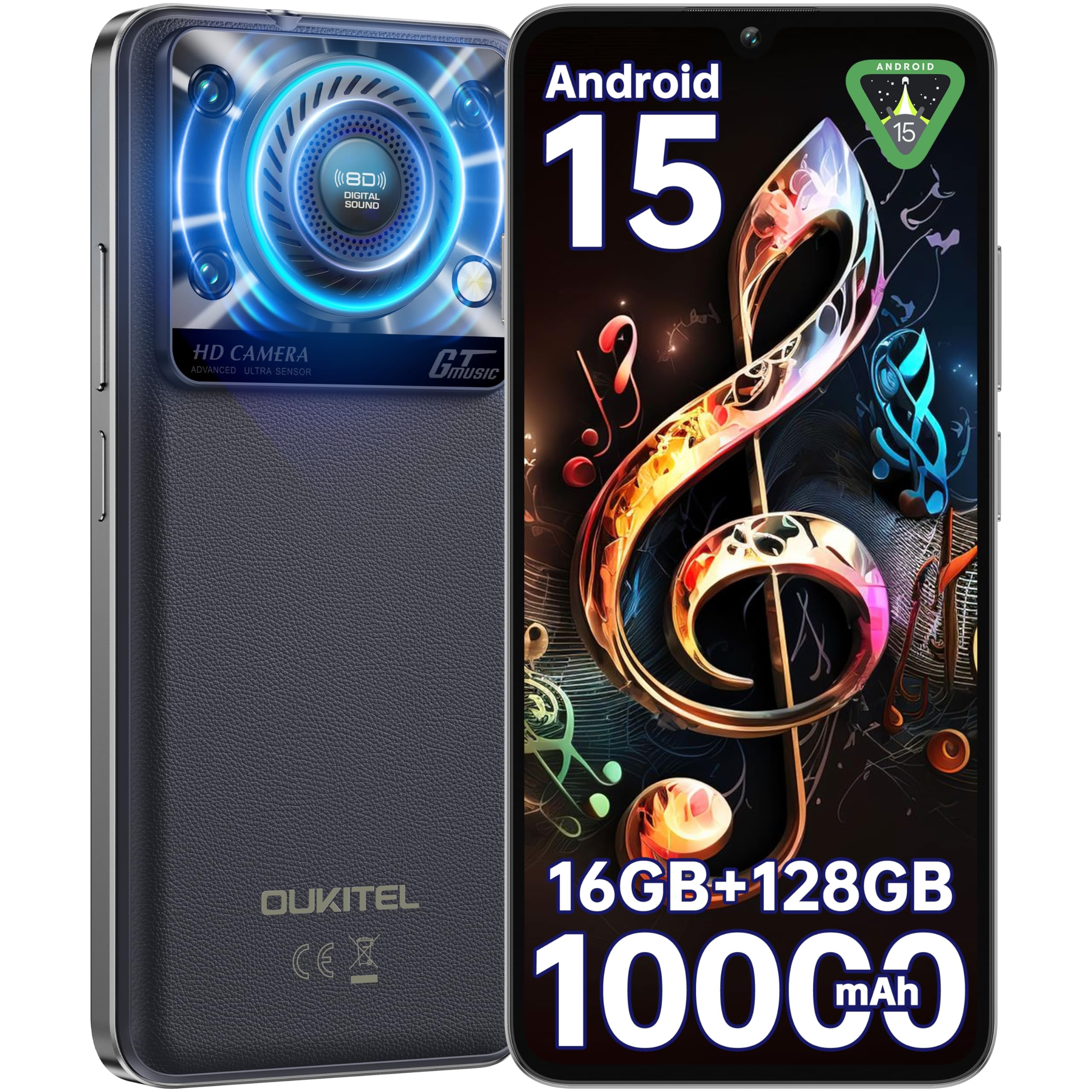 OUKITEL C60 Smartphone Android 15-10000mAh Telefono Cellulare 16GB RAM + 128GB(TF 1TB) Cellulari 4G,6.88" HD+ 90Hz,AL110 dB/Torcia 120 Lumen/13MP+8MP/Impronta digitale/Face ID/Dual SIM/OTG,Nero