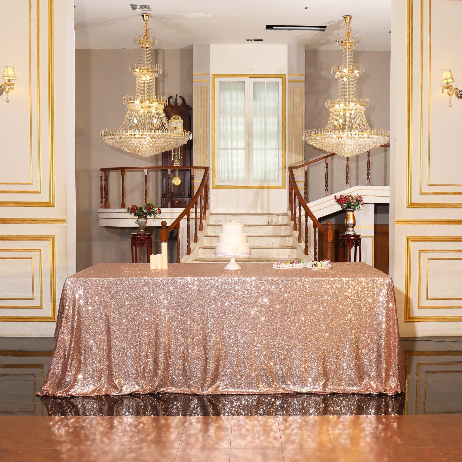 3E Home 152x305cm(60x120 inches) Rose Gold Sparkly Wedding Party Sequin Table Cloth Rectangular Glitz Rose Gold Tablecloths