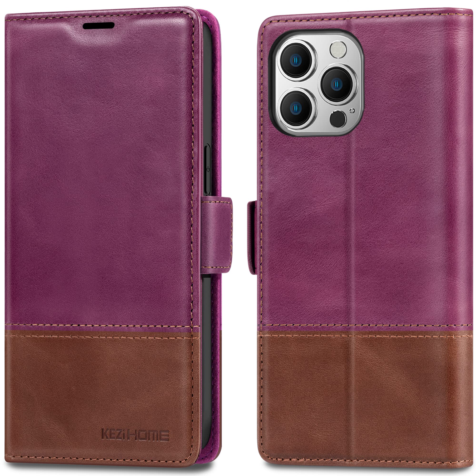 KEZiHOME Case for iPhone 14 Pro Wallet Case, Genuine Leather Flip Folio [RFID Blocking] [Card Slots ] [Kickstand] Shockproof Cover Magnetic Case Compatible with iPhone 14 Pro 5G (Purple/Brown)