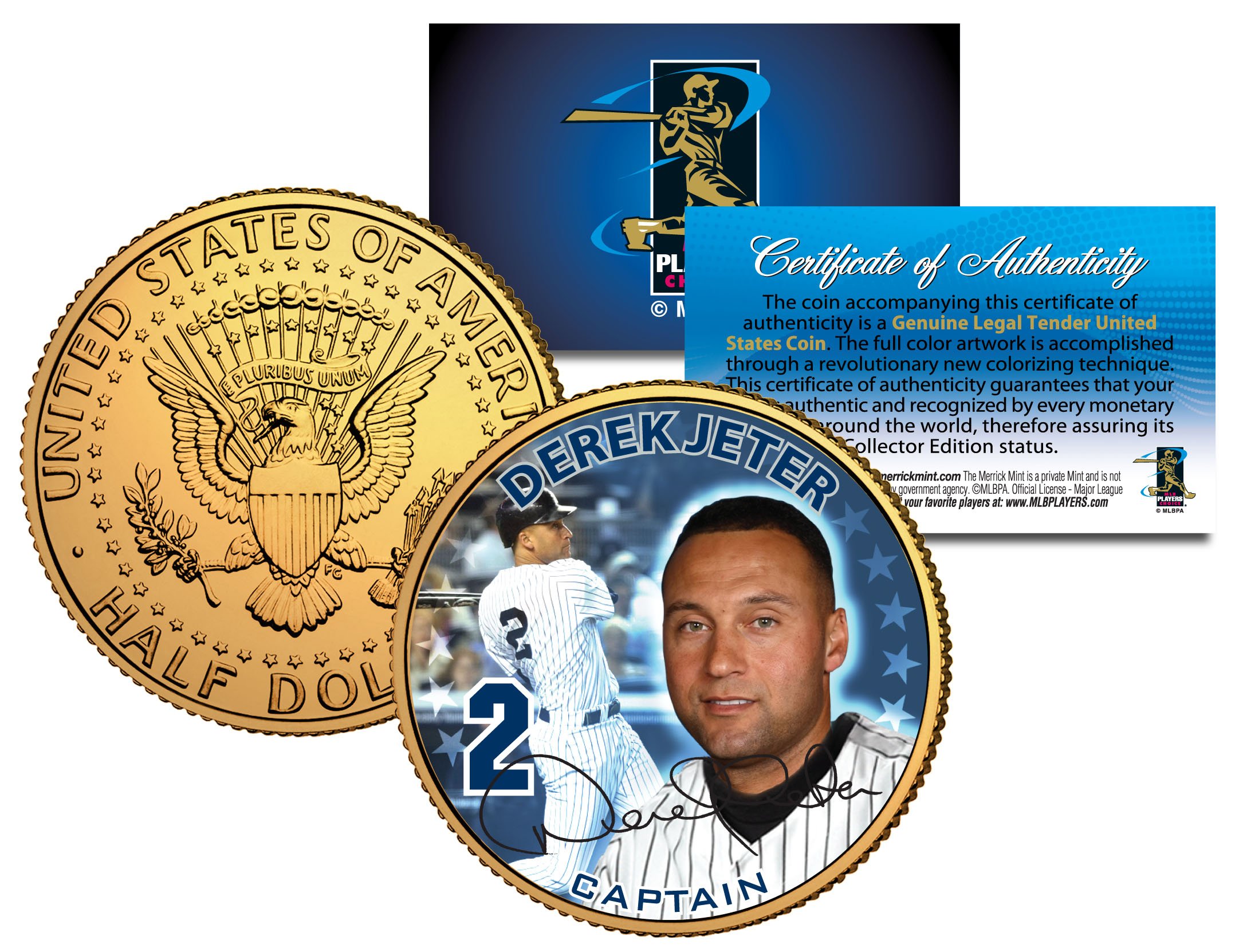 Derek Jeter Colorized 24K Gold Plated JFK Half Dollar Coin Yankees