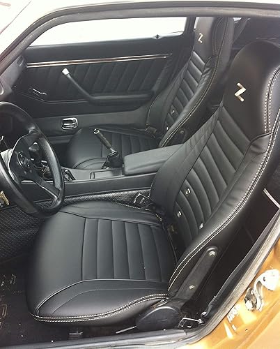 Interior Innovations 240Z260Z280Z Fundas de asiento de cuero sintético delanteras personalizadas con costuras doradas claras y logotipo de Z