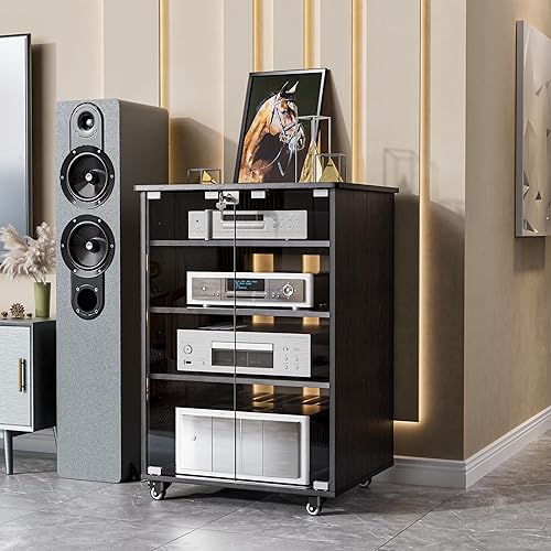 PAKASEPT Gabinete de almacenamiento multimedia, gabinete de soporte para medios de audio y video con 4 estantes de altura ajustable, moderno