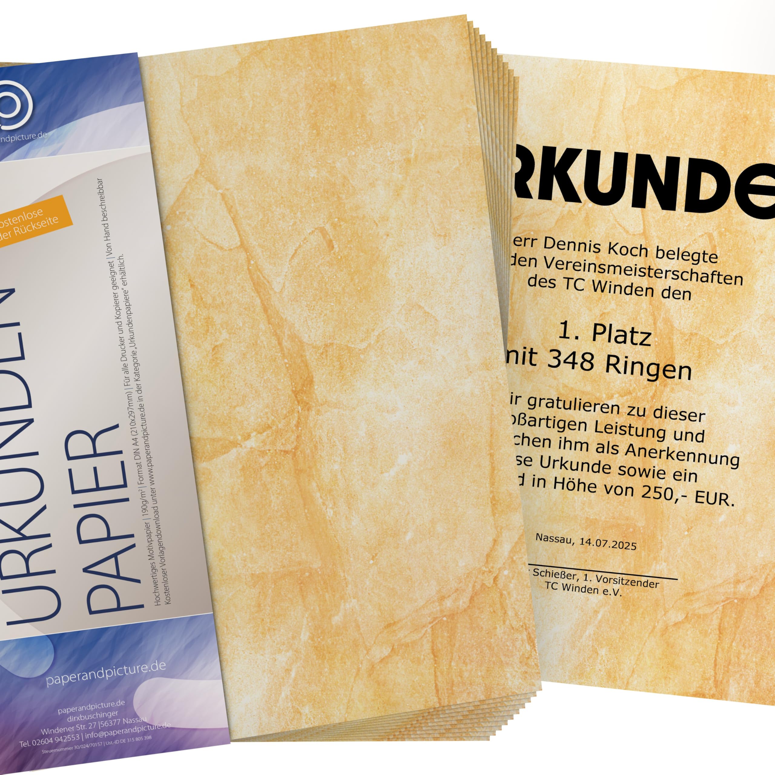 Urkundenpapier DIN A4 190g 100 Blatt „Carrara Classic“ Marmor Design beige – beidseitig bedruckt – inkl. Textvorlagen zum Download
