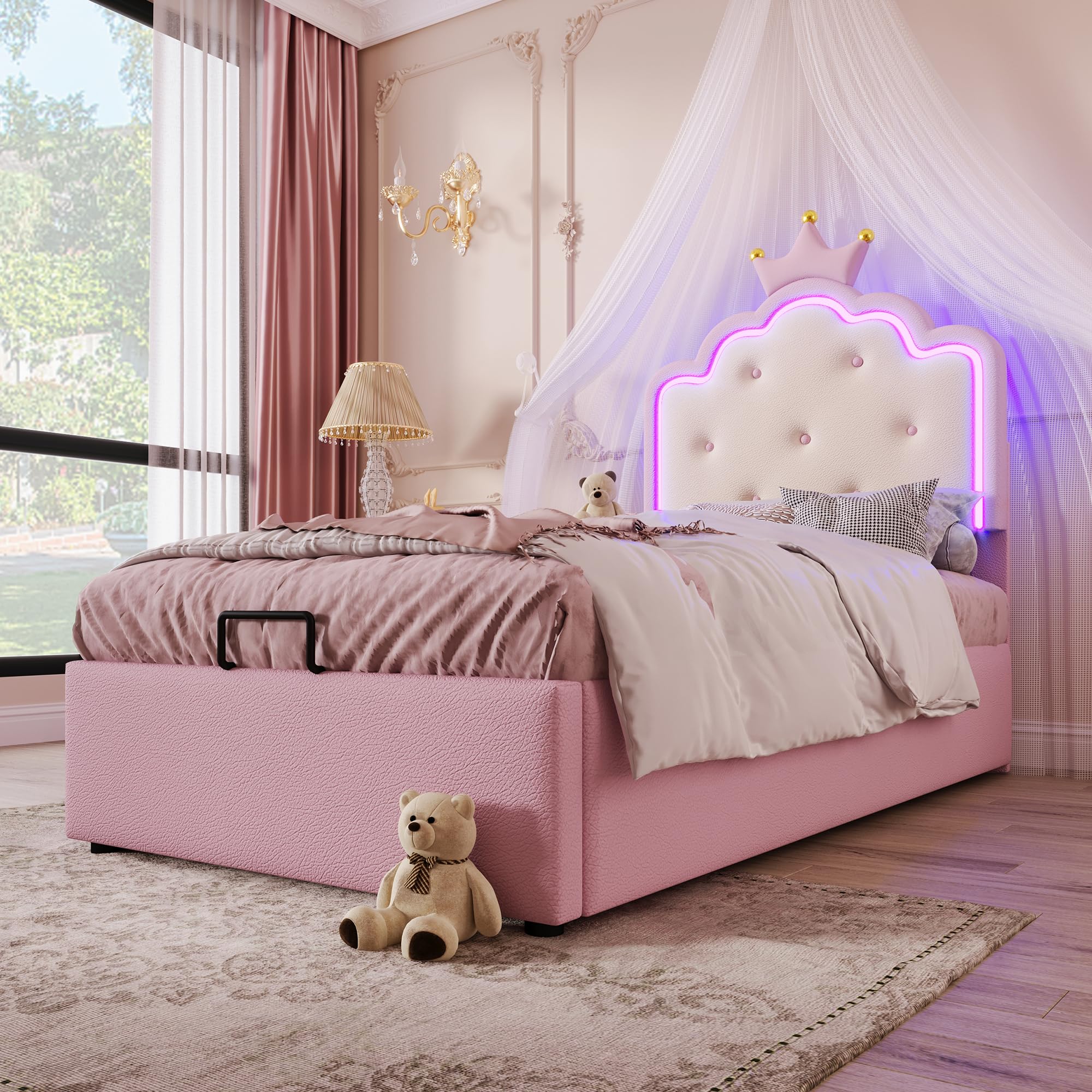 Lubvtti Cama Acolchada 90x200 cm con luz Ambiental,Cama Individual con contenedor,Cama Infantil,Forma de Corona de Princesa,Cama con almacenaje,con somier de láminas,PU