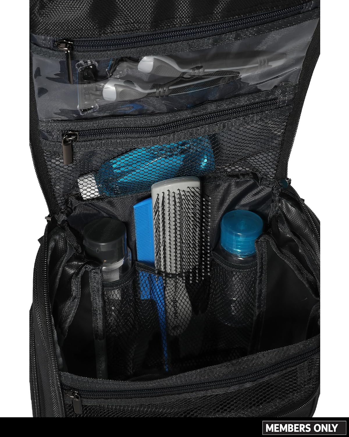 Members Only Hanging Toiletry Bag with Rotating Hook, Black Toiletry Organizer, Bathroom Bag