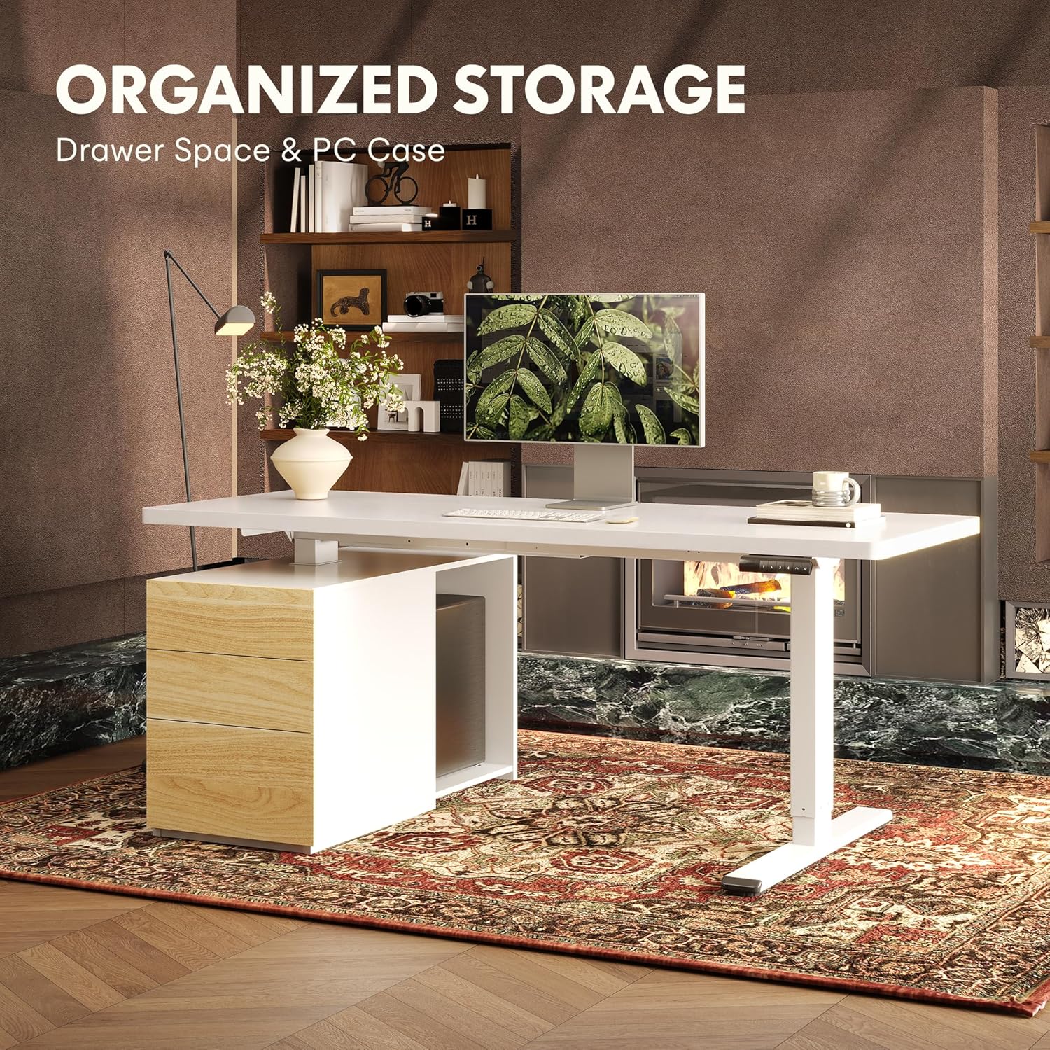 FLEXISPOT 55" Executive Standing Desk with Built-in Storage System, All-in-One Workspace with Drawers & PC Cabinet, Dual Motor Electric Height Adjustable Desk, 222 LBS, White, 3 Packages