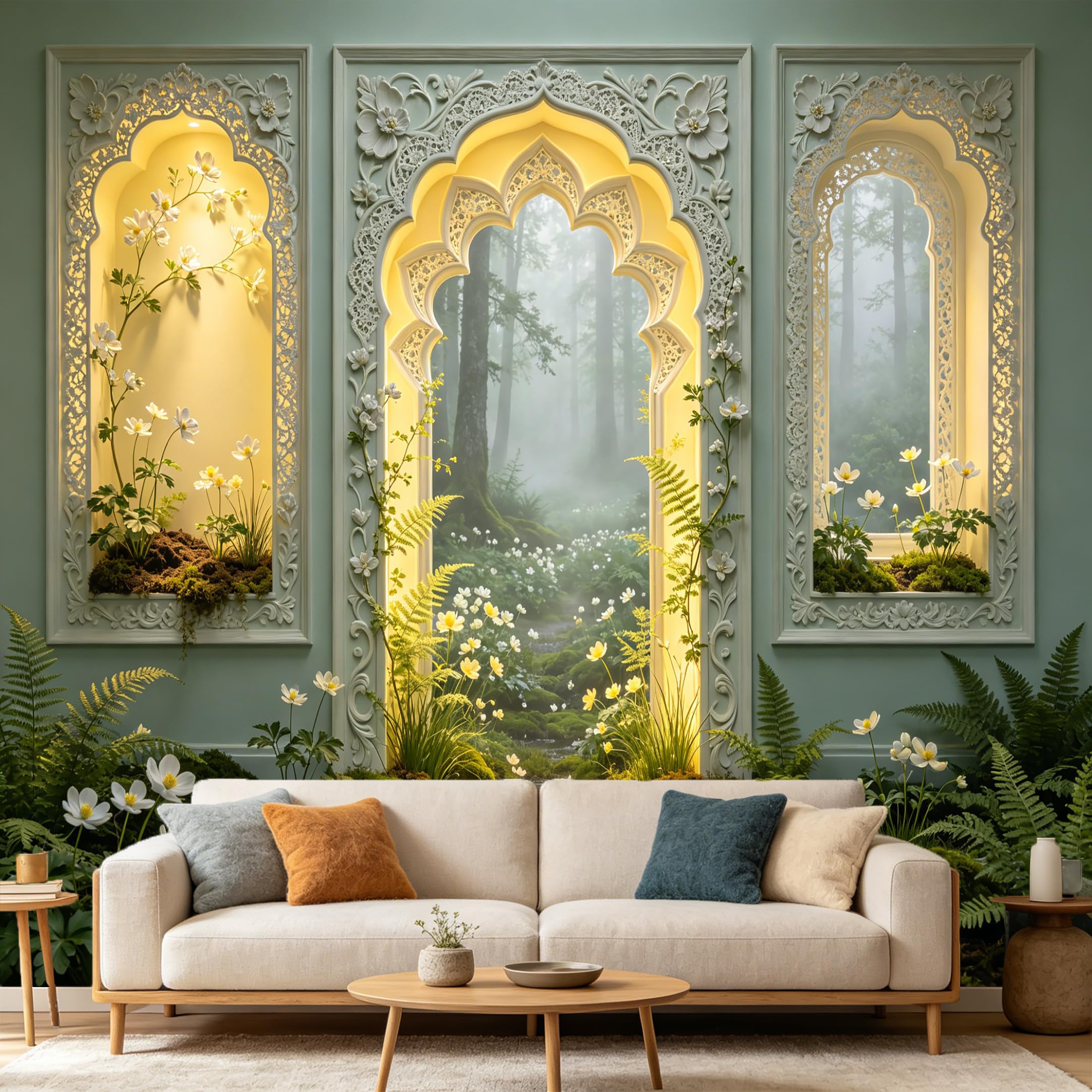 Custom Size Wall Mural， 3D Trompe L'Oeil Misty Forest Archway Botanical Garden， SelfAdhesive Art Prints wall Fabric Removable Large Wallpaper Home Living Room Decor