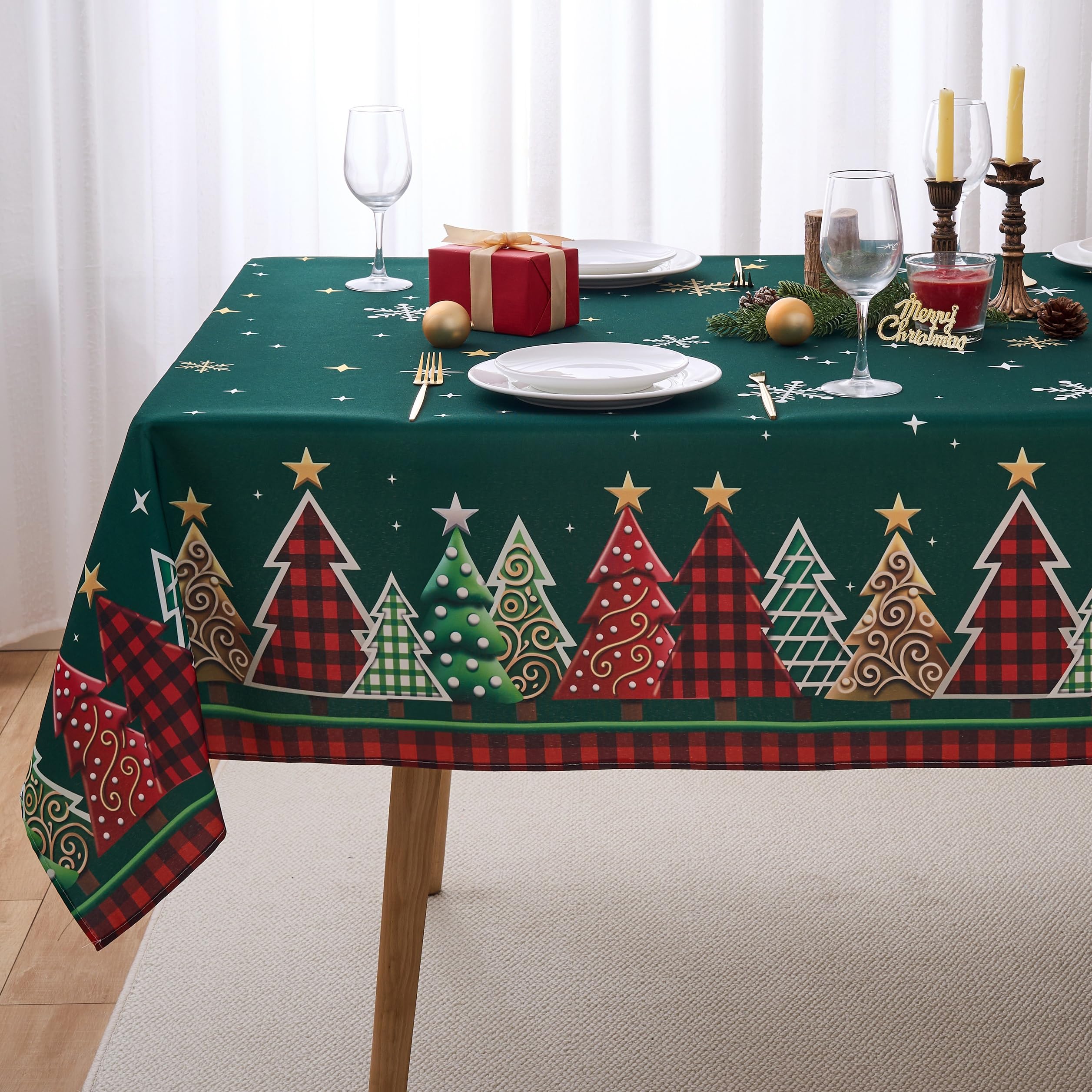 Christmas 60x120 Table Cloth for Rectangle Table Christmas Tree Buffalo Plaid Green - Oblong Polyester Xmas Holiday Festive Tablecloth Washable Waterproof for Party Decorations Family Gathering