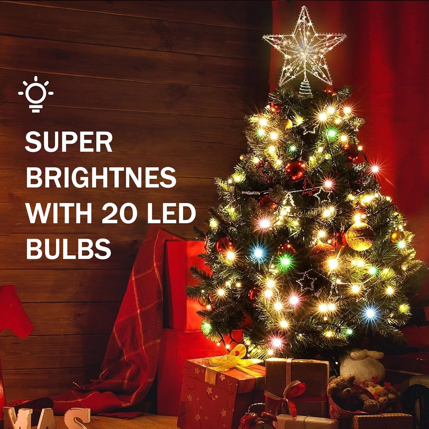 Christmas Star Tree Topper, Silver Five-Pointed Star Tree Topper with 20 LED Lights and Pearl Beads, Christmas Tree Decorations for Indoor Office Xmas New Year Holiday Tree Decoration - Image 3