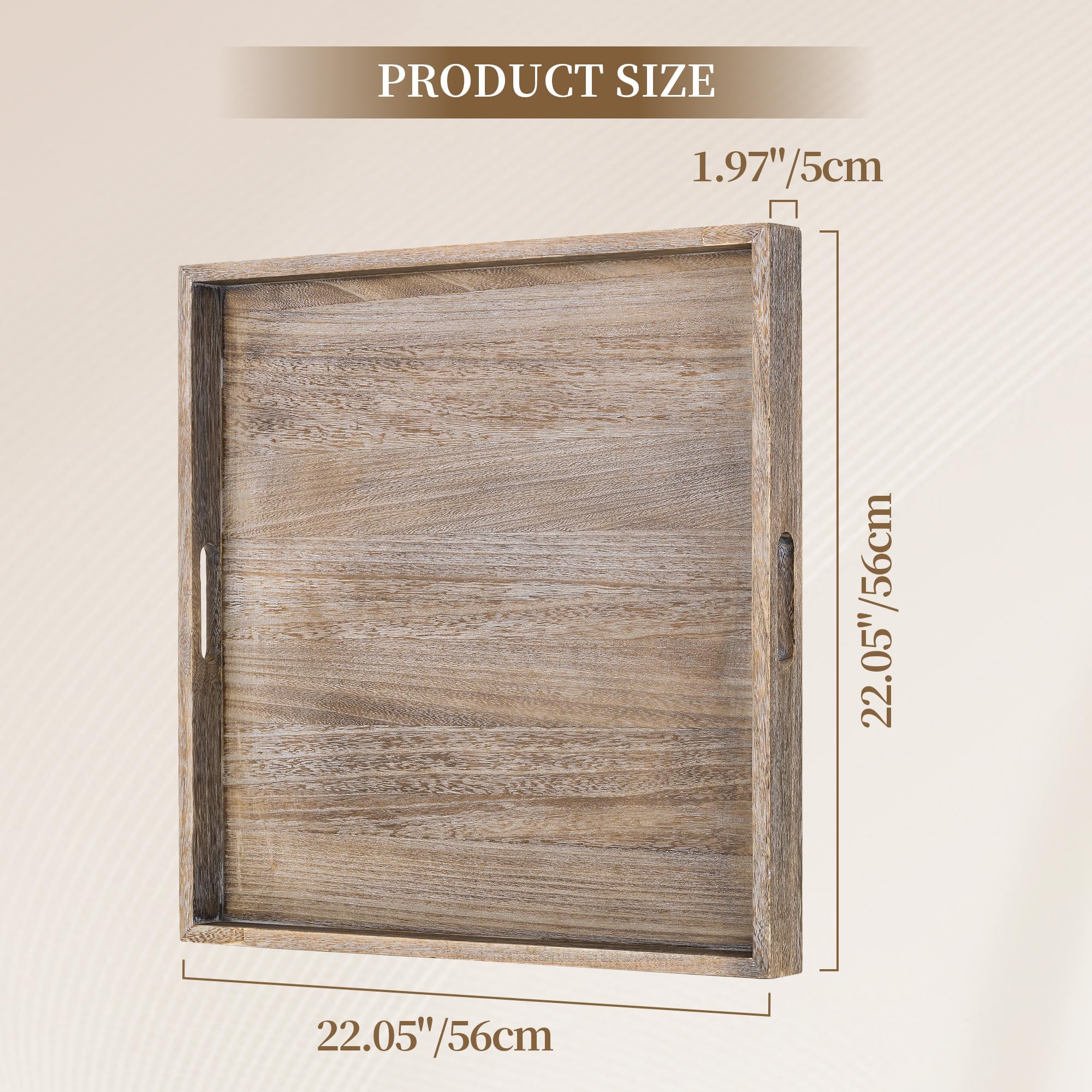 Hanobe Bandeja de servir otomana grande: bandejas decorativas de madera para sala de estar sobre reposapiés, cuadrada rústica marrón extra XXL, bandeja de madera para decoración de mesa de café, 56 cm