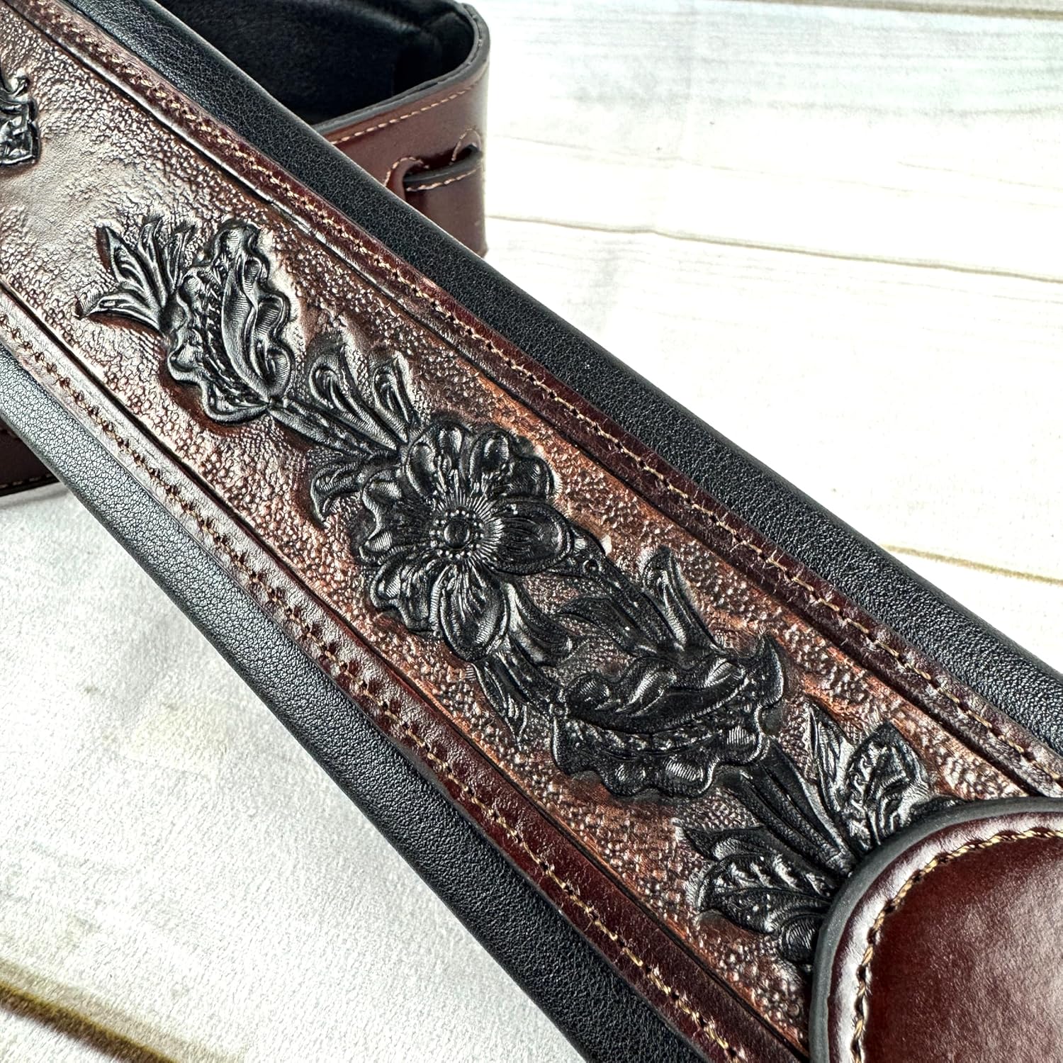 Walker and Williams KB-02-BC Walnut Brown Carved Padded Strap With Black finished Skull & Christian Cross Design For Acoustic, Electric And Bass Guitars